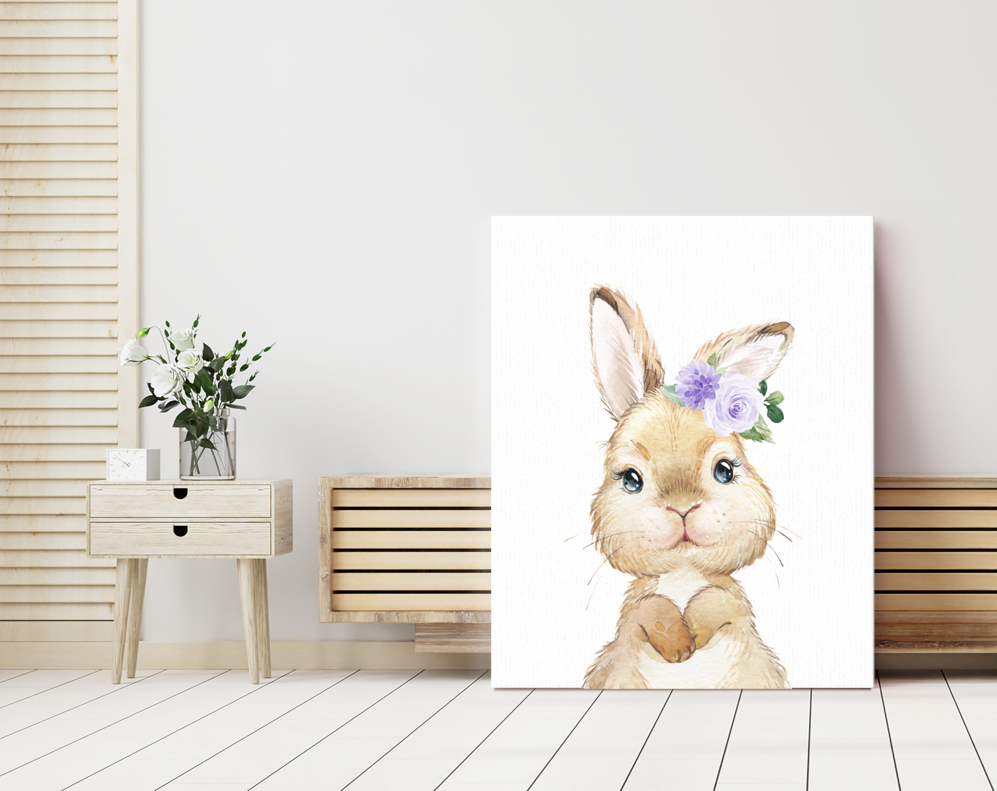 Cute Bunny Purple Flowers Nursery Prints, Nursery Wall Art, Gender Neutral Nursery, Printable File, SH05