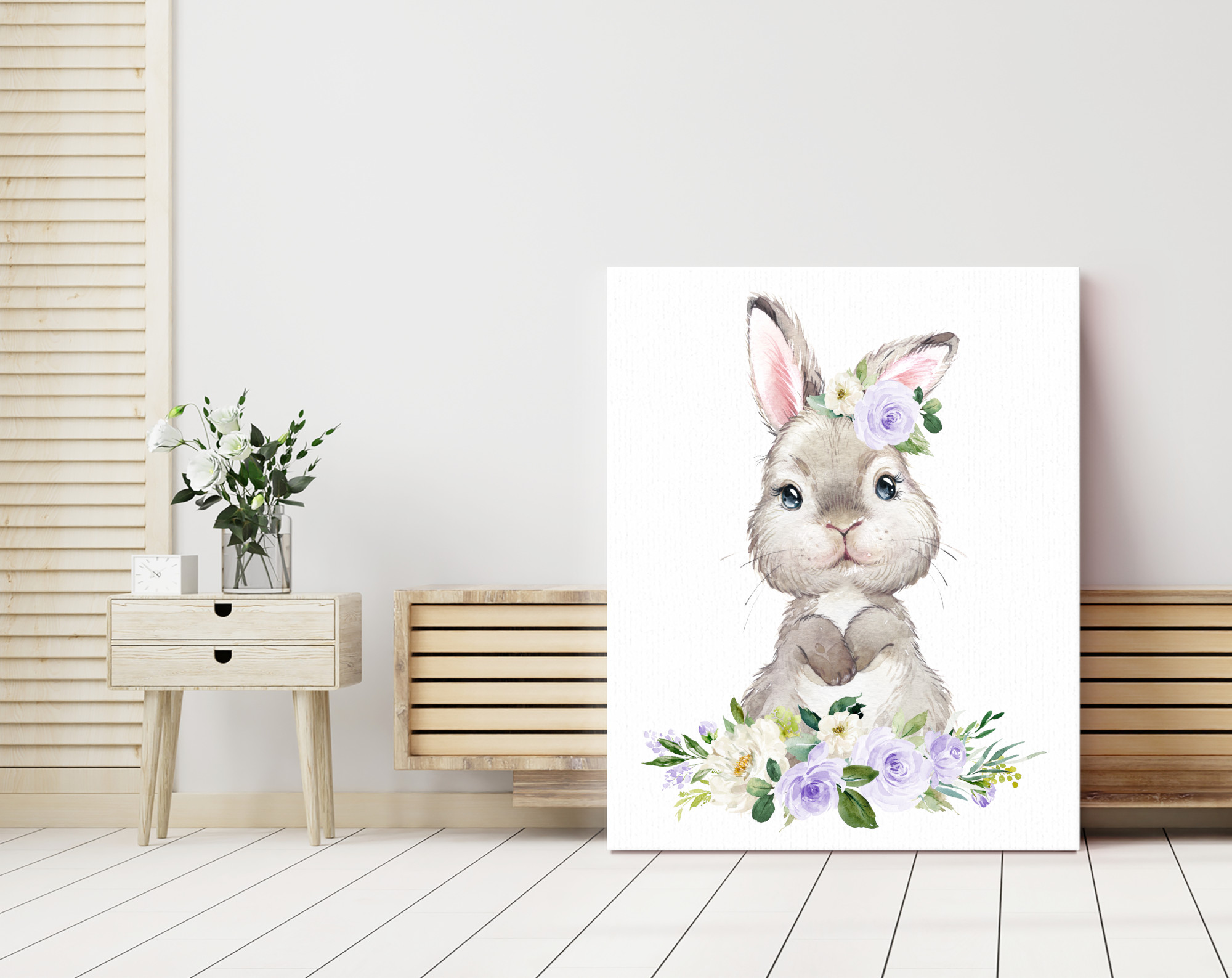 Little Bunny Purple Flowers Nursery Prints, Nursery Wall Art, Gender Neutral Nursery, Printable File, SH05