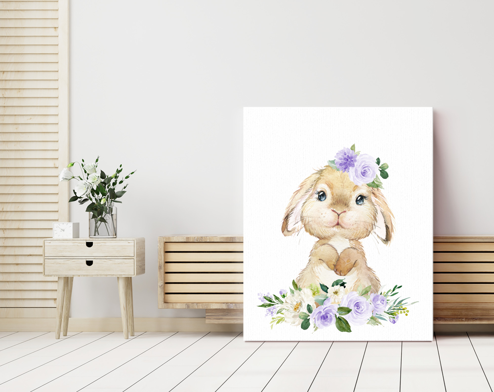 Little Bunny Purple Flowers Nursery Prints, Nursery Wall Art, Gender Neutral Nursery, Printable File, SH05