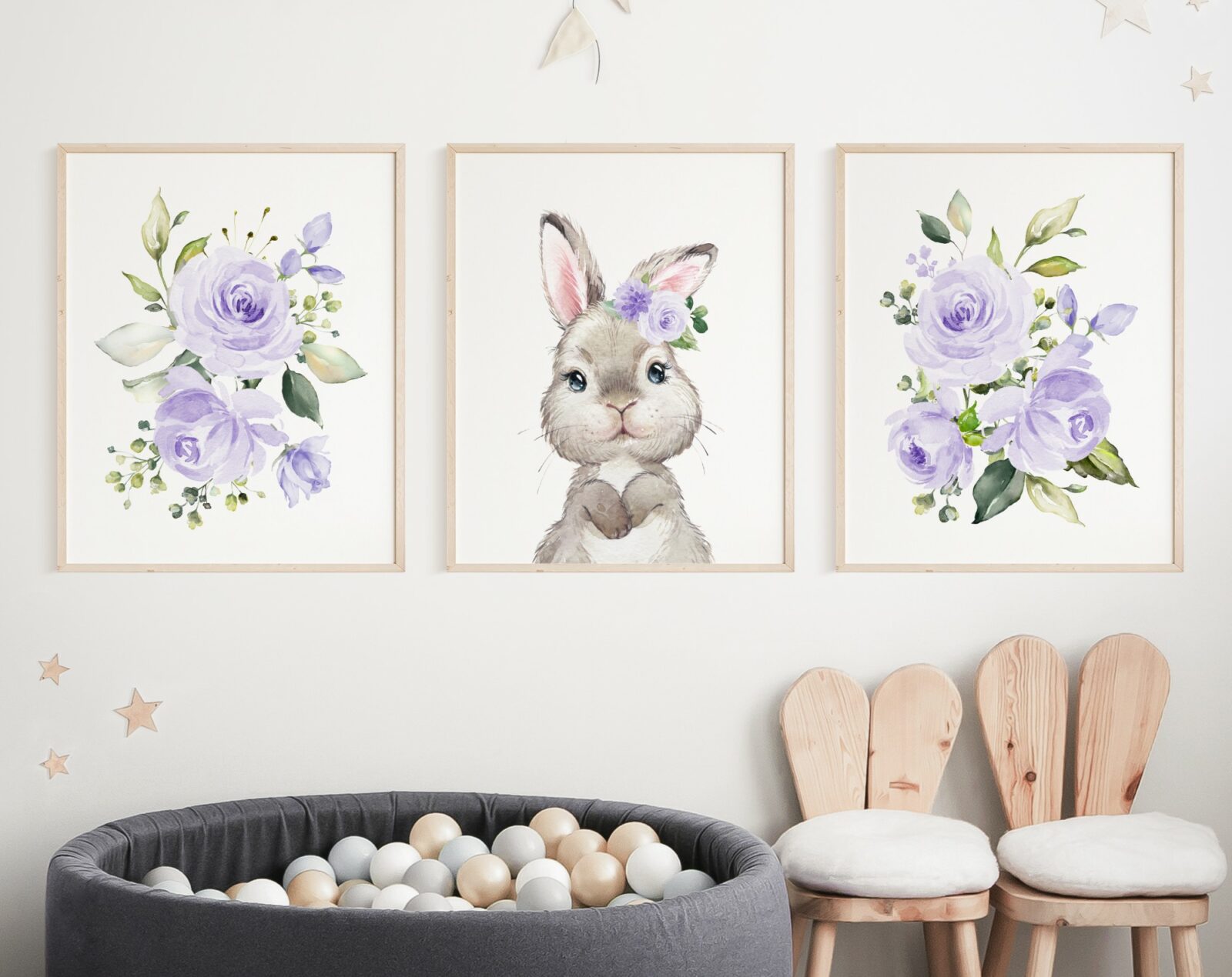 Cute Bunny Purple Flowers Nursery Prints - Set of 3 - Nursery Art
