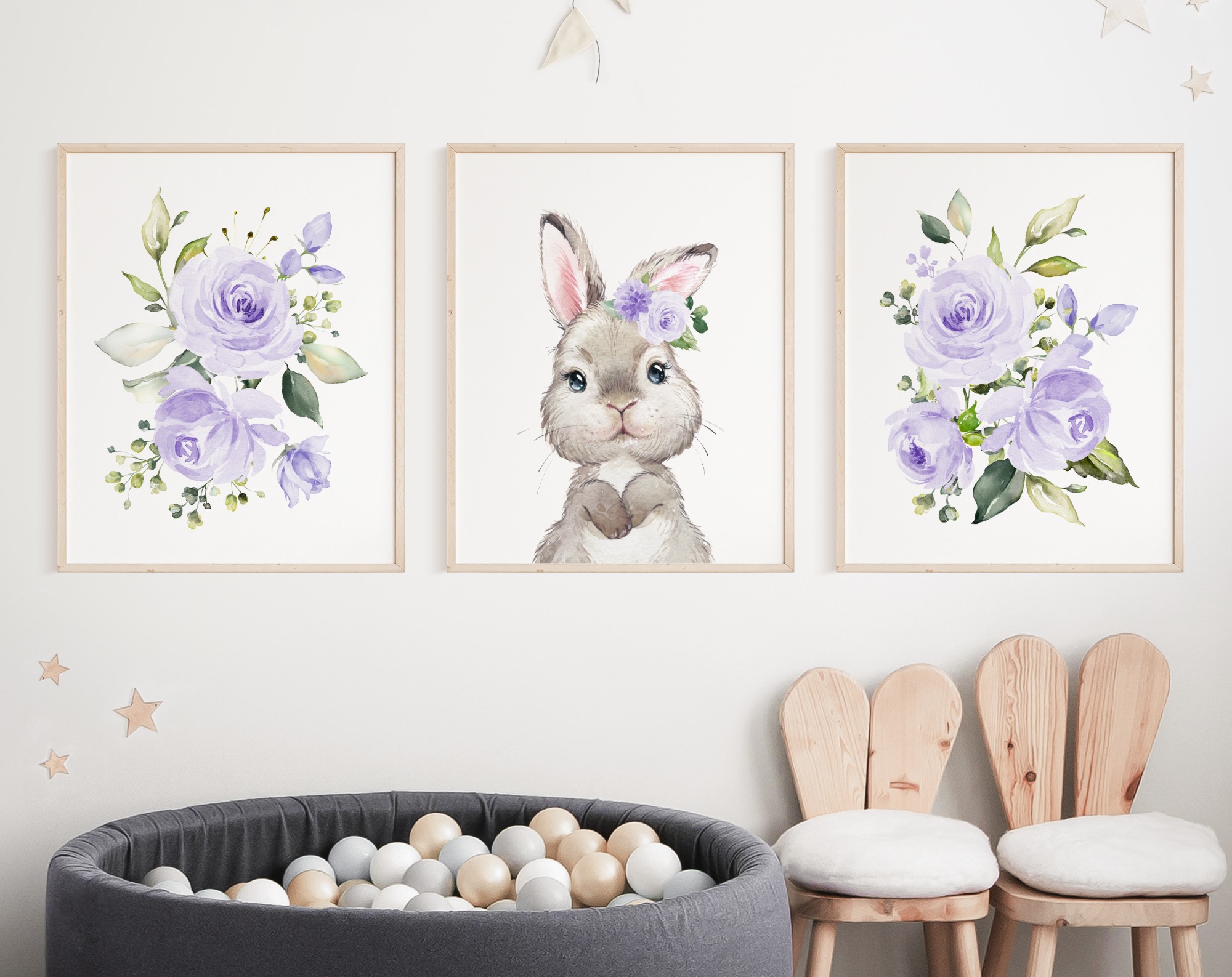 Cute Bunny Purple Flowers Nursery Prints, Nursery Wall Art, Gender Neutral Nursery, Printable File, SH05