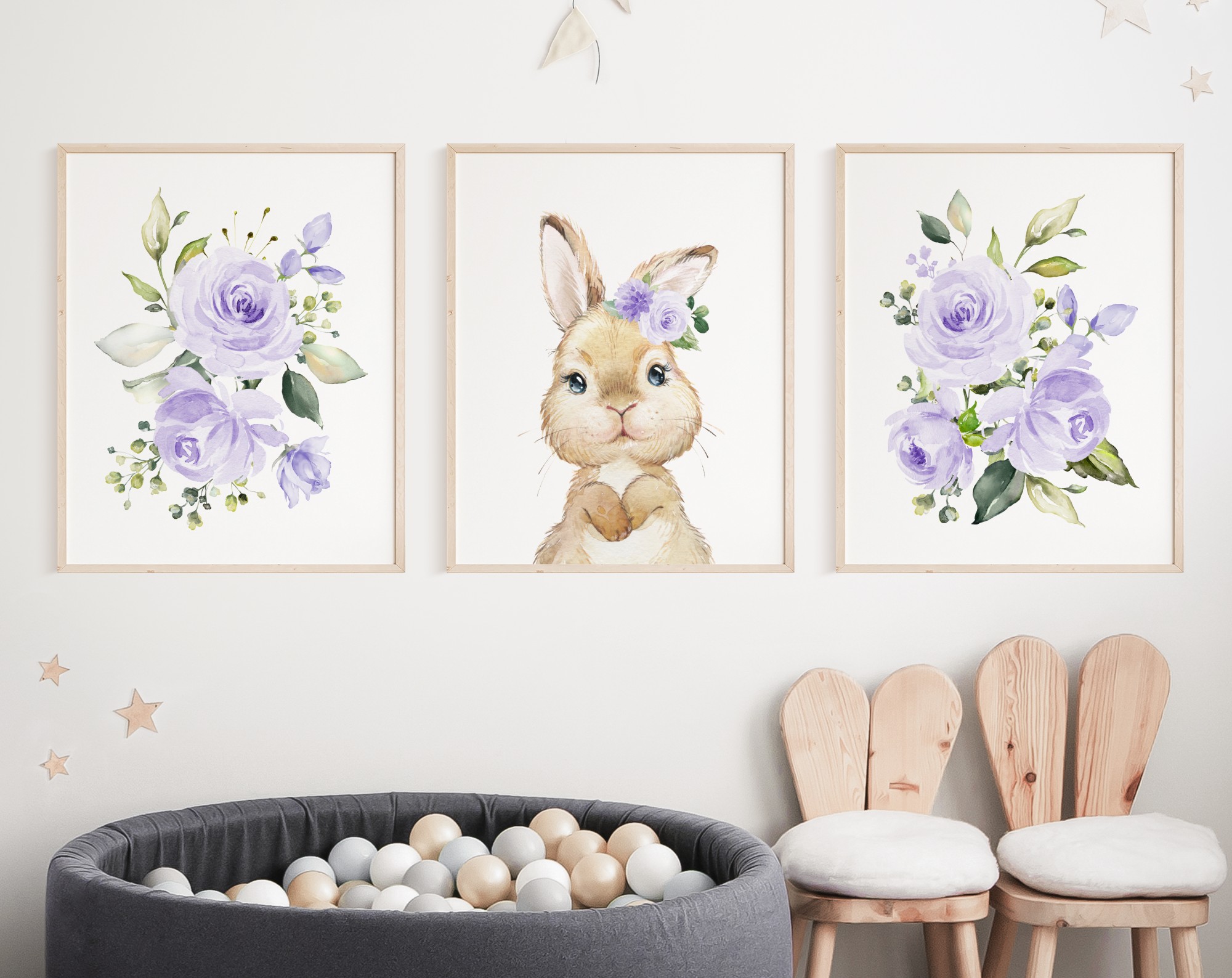 Cute Bunny Purple Flowers Nursery Prints, Nursery Wall Art, Gender Neutral Nursery, Printable File, SH05