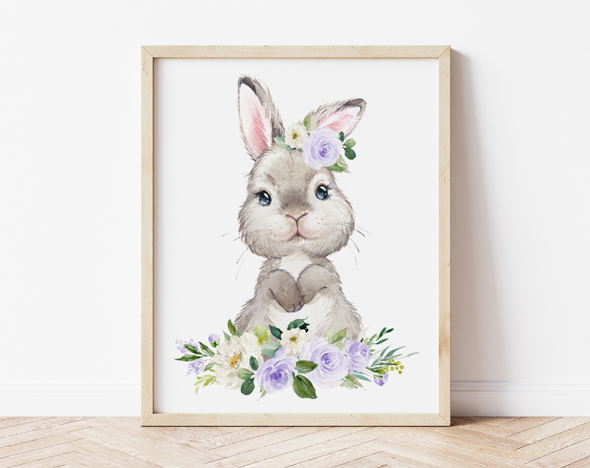 Little Bunny Purple Flowers Nursery Prints, Nursery Wall Art, Gender Neutral Nursery, Printable File, SH05