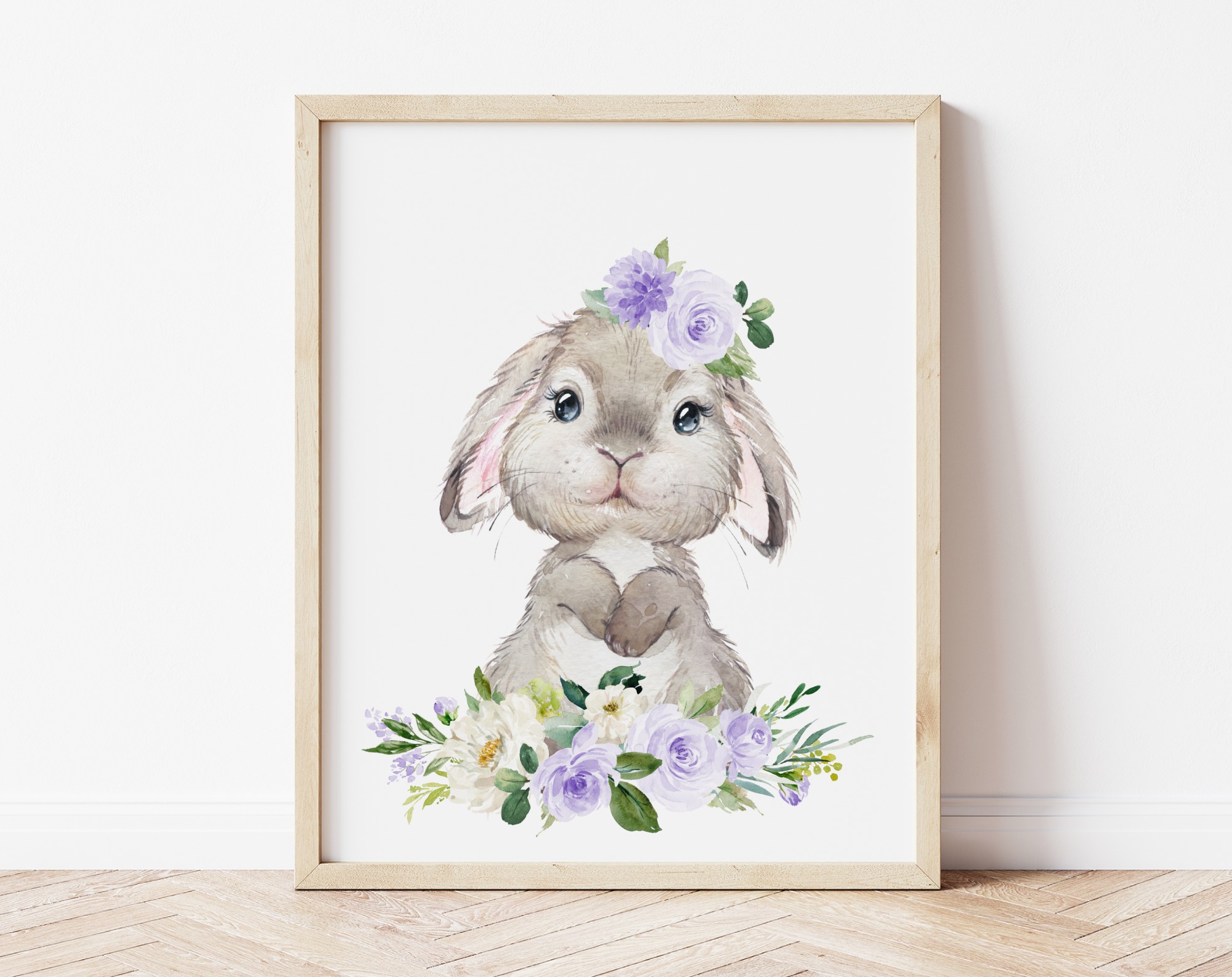 Little Bunny Purple Flowers Nursery Prints, Nursery Wall Art, Gender Neutral Nursery, Printable File, SH05