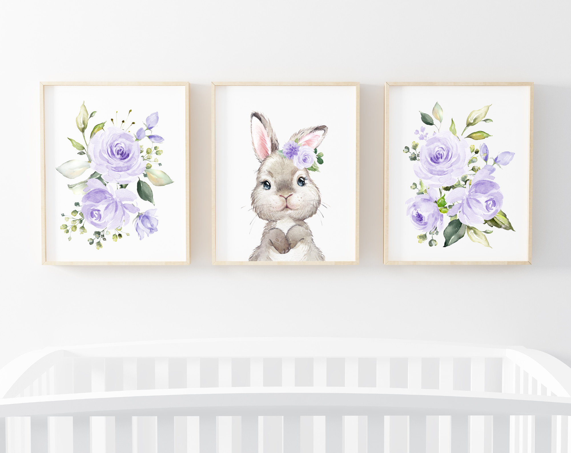 Cute Bunny Purple Flowers Nursery Prints, Nursery Wall Art, Gender Neutral Nursery, Printable File, SH05