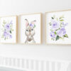 Cute Bunny Purple Flowers Nursery Prints, Nursery Wall Art, Gender Neutral Nursery, Printable File, SH05