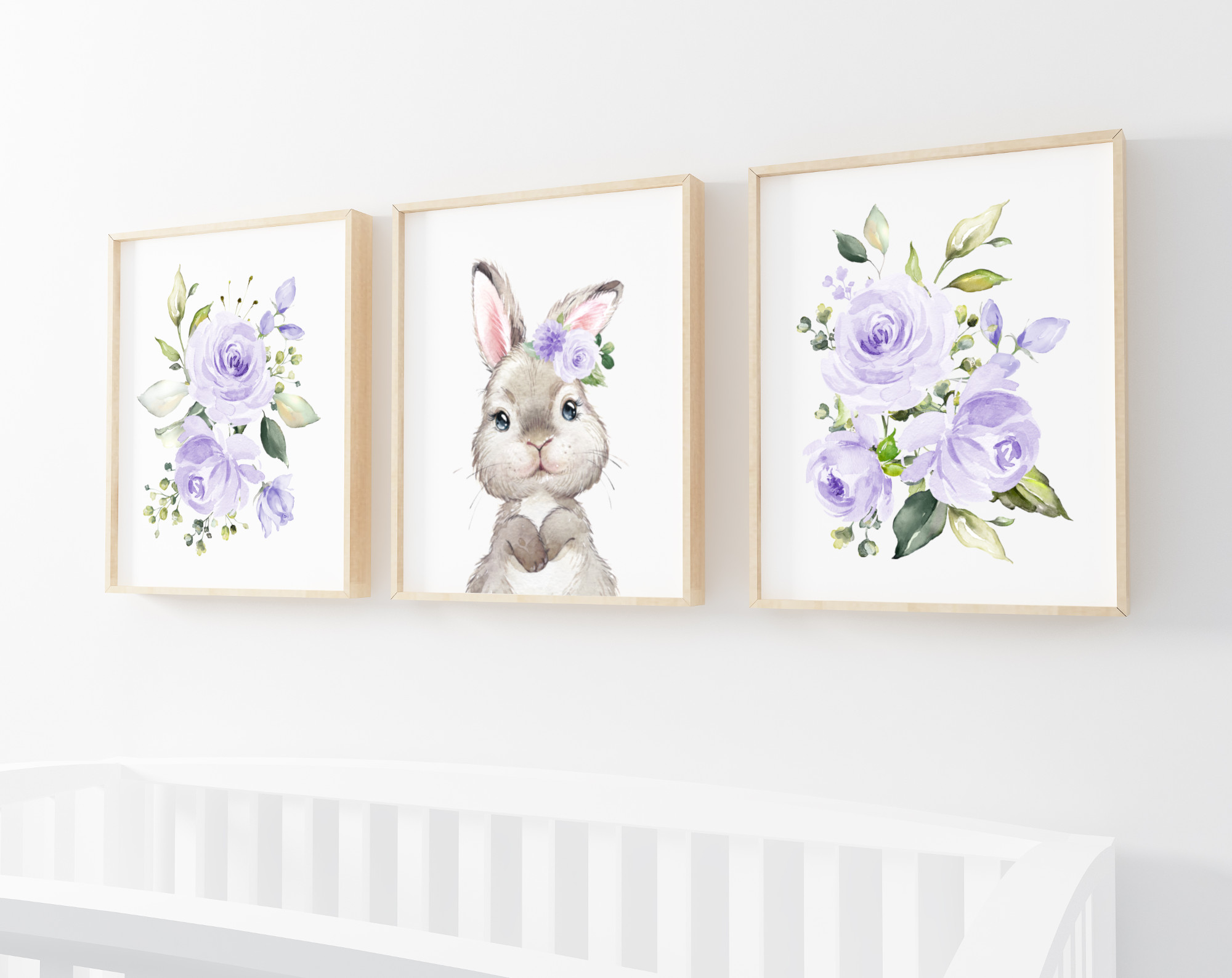 Cute Bunny Purple Flowers Nursery Prints, Nursery Wall Art, Gender Neutral Nursery, Printable File, SH05