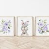 Cute Bunny Purple Flowers Nursery Prints, Nursery Wall Art, Gender Neutral Nursery, Printable File, SH05