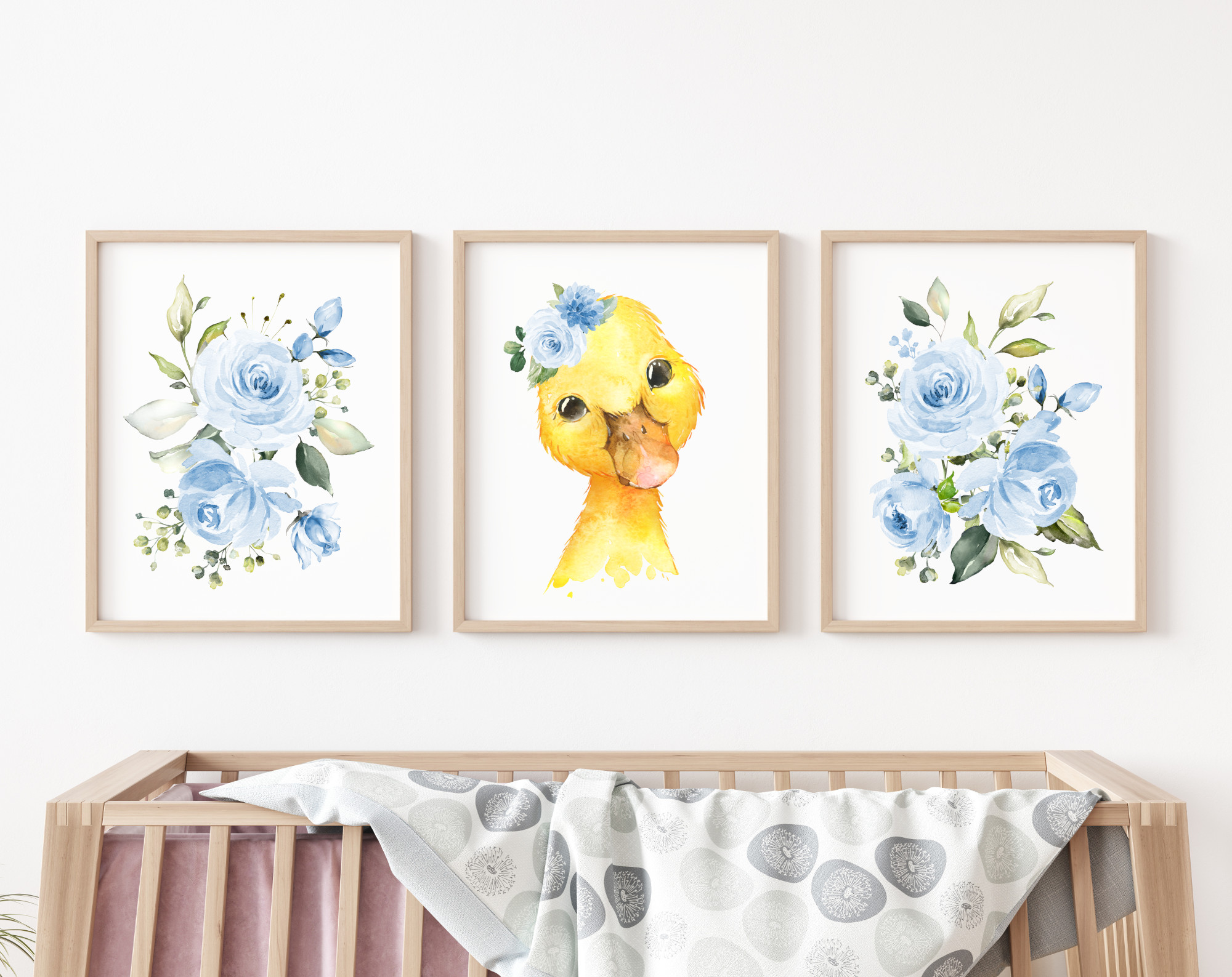 Blue Flowers Duck Nursery Prints, Farm Animals, Nursery Wall Art, Boy Nursery Decor, Printable File, SH06
