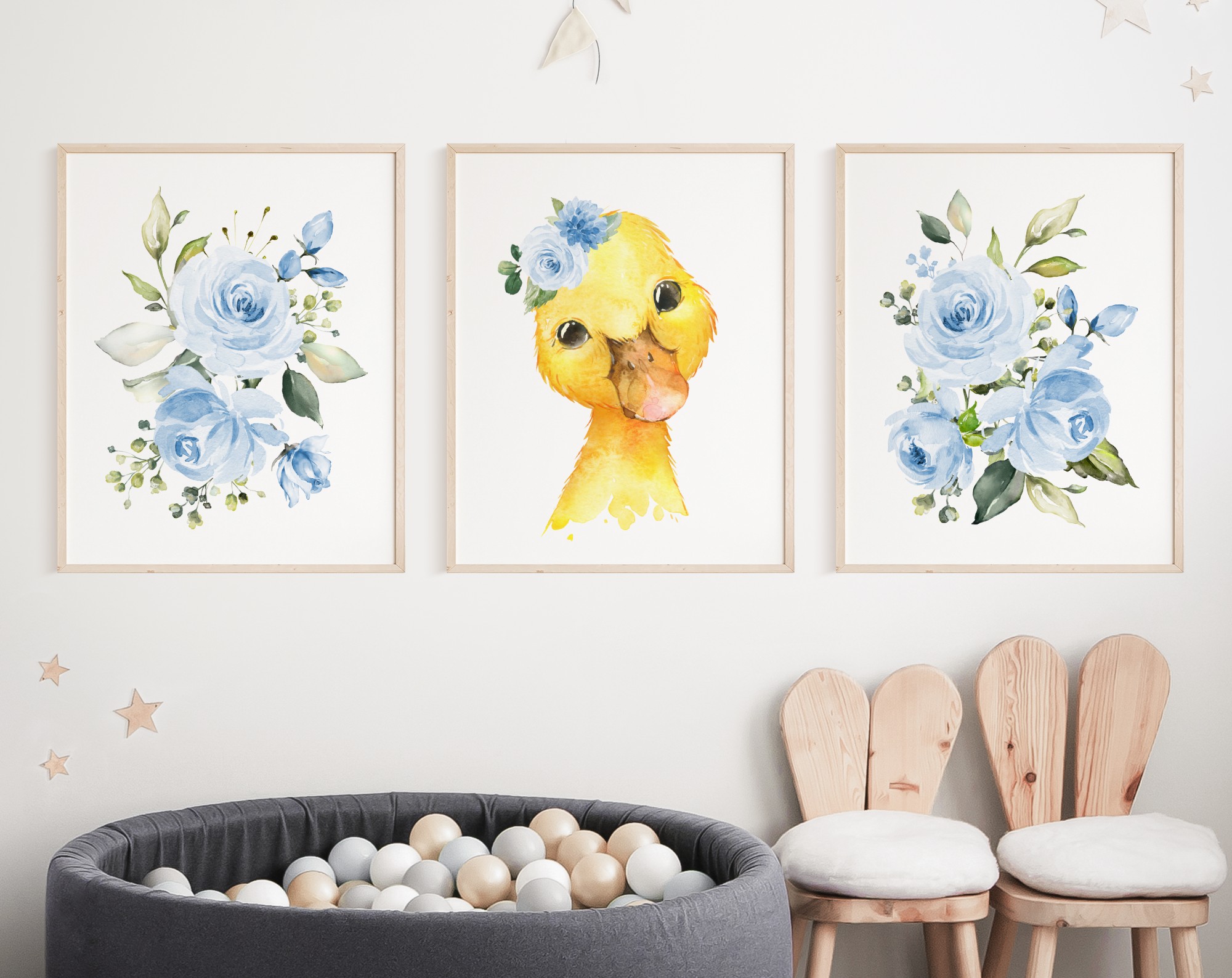 Blue Flowers Duck Nursery Prints, Farm Animals, Nursery Wall Art, Boy Nursery Decor, Printable File, SH06