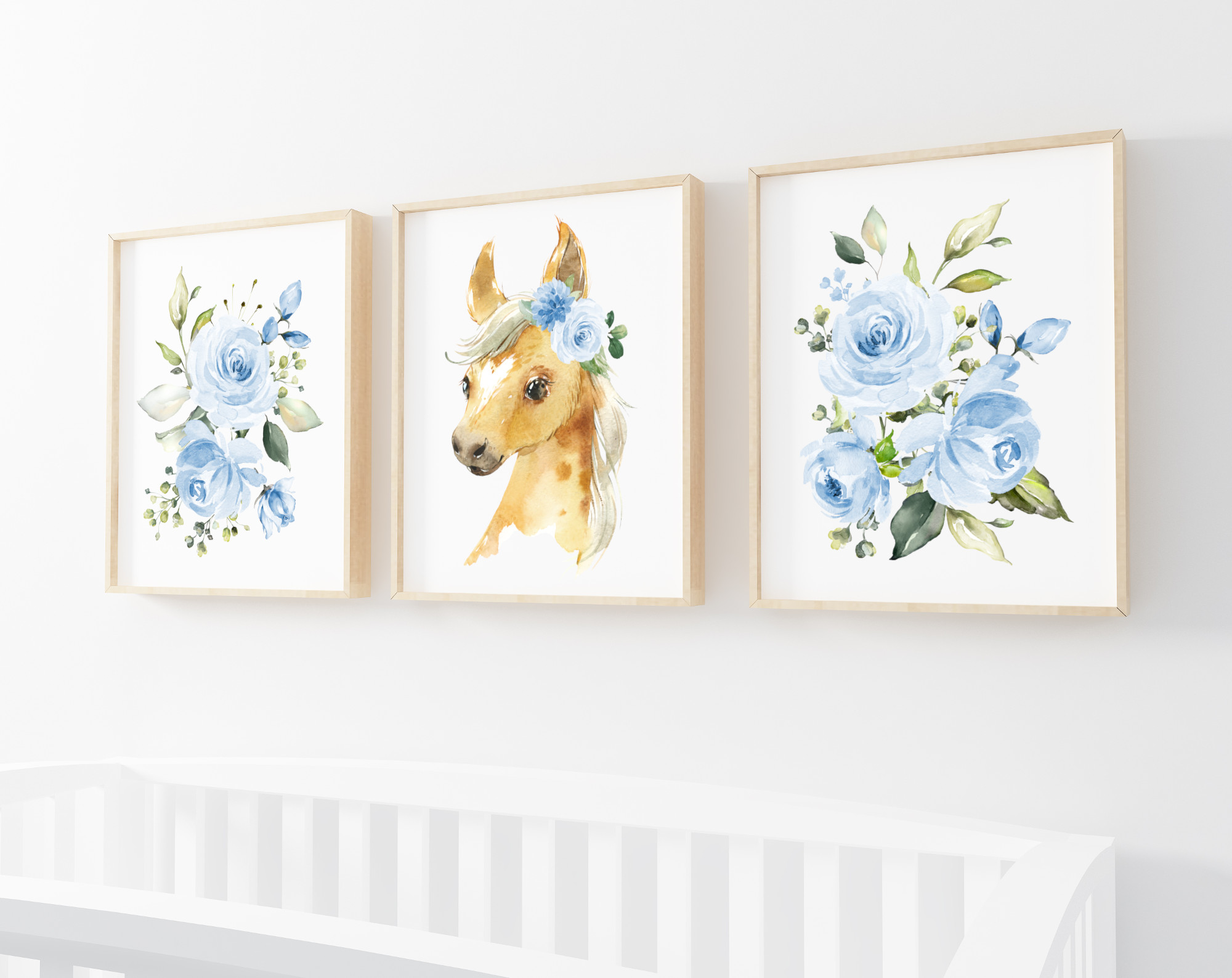 Blue Flowers Horse Nursery Prints, Farm Animals, Nursery Wall Art, Boy Nursery Decor, Printable File, SH06