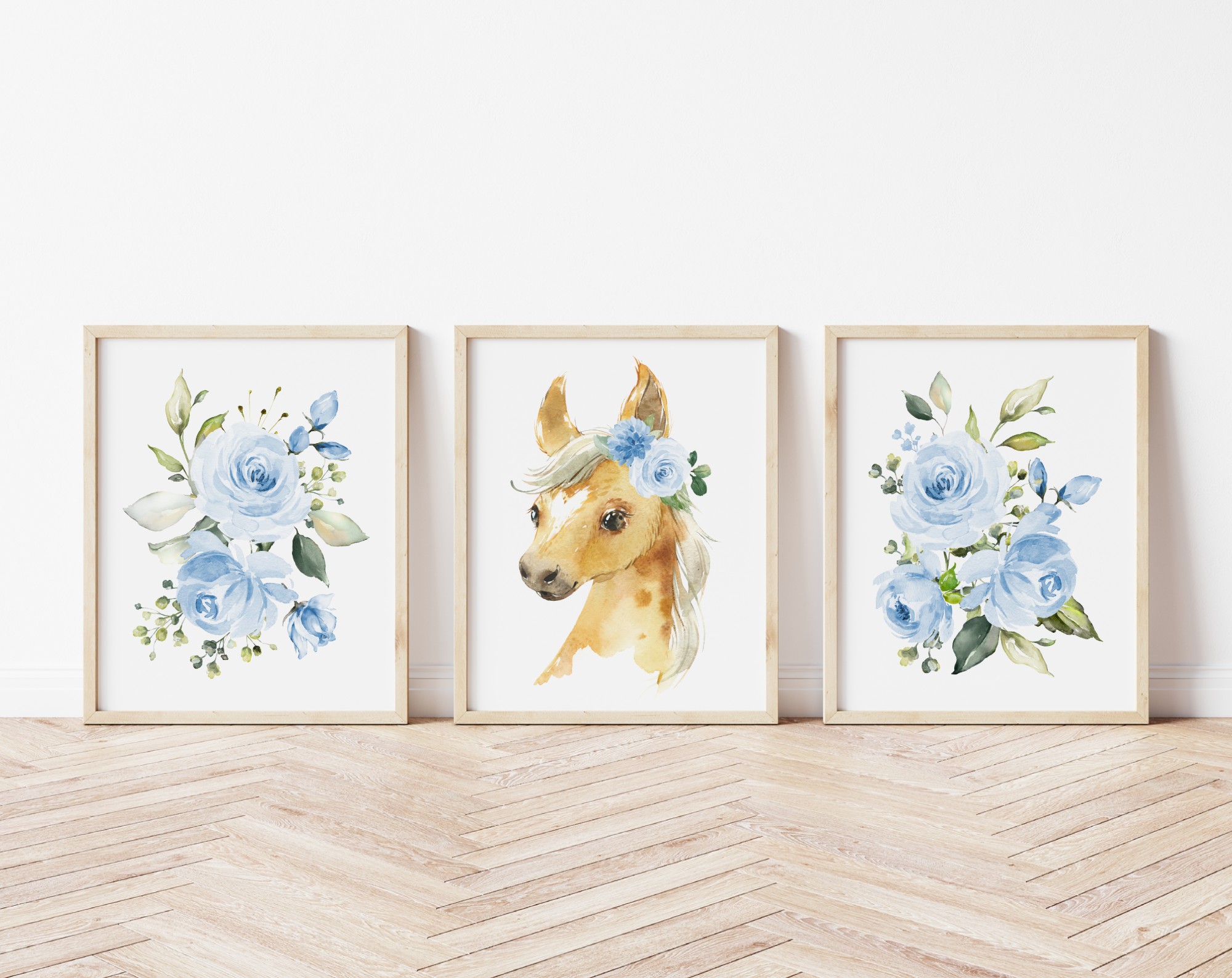 Blue Flowers Horse Nursery Prints, Farm Animals, Nursery Wall Art, Boy Nursery Decor, Printable File, SH06