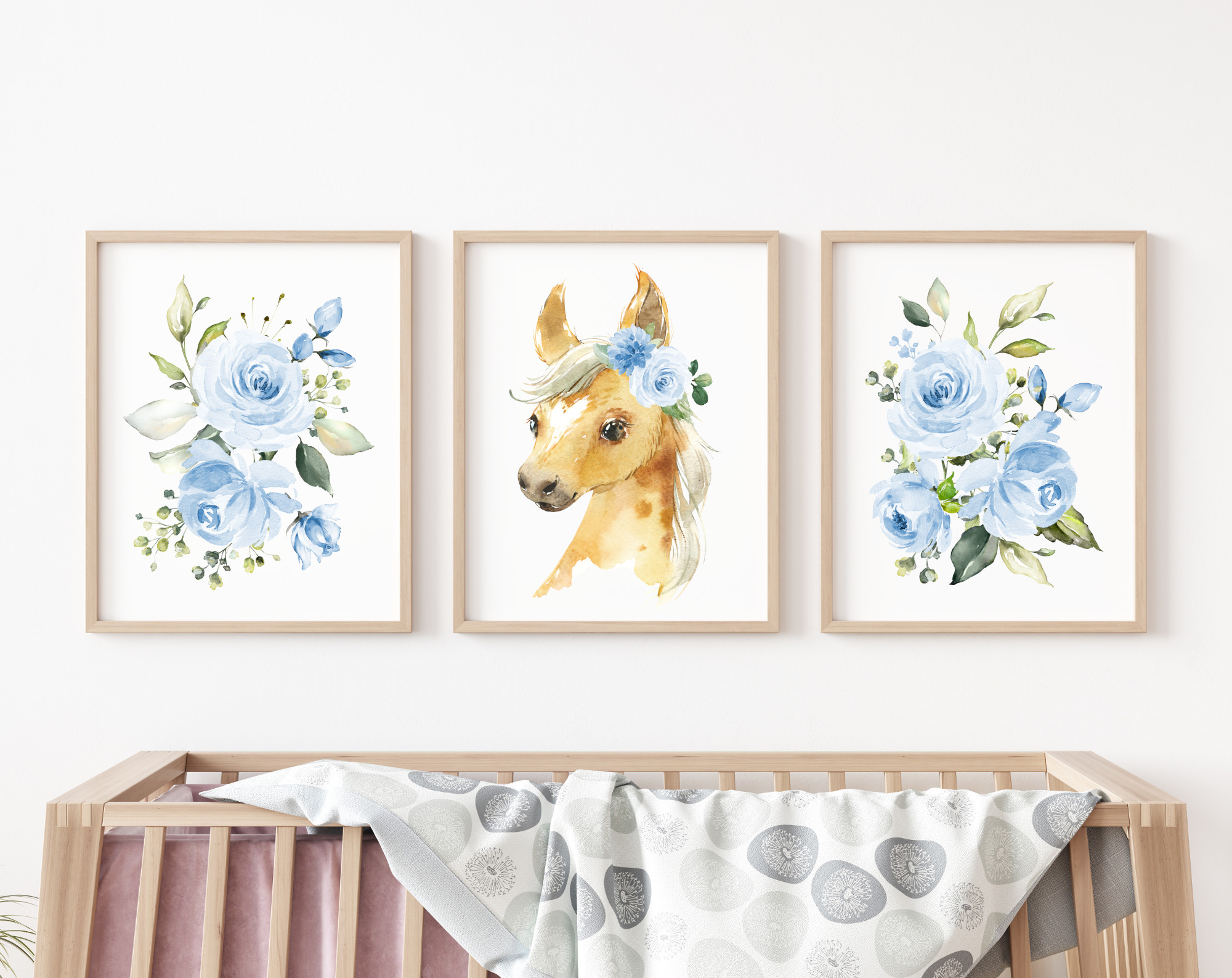Blue Flowers Horse Nursery Prints, Farm Animals, Nursery Wall Art, Boy Nursery Decor, Printable File, SH06