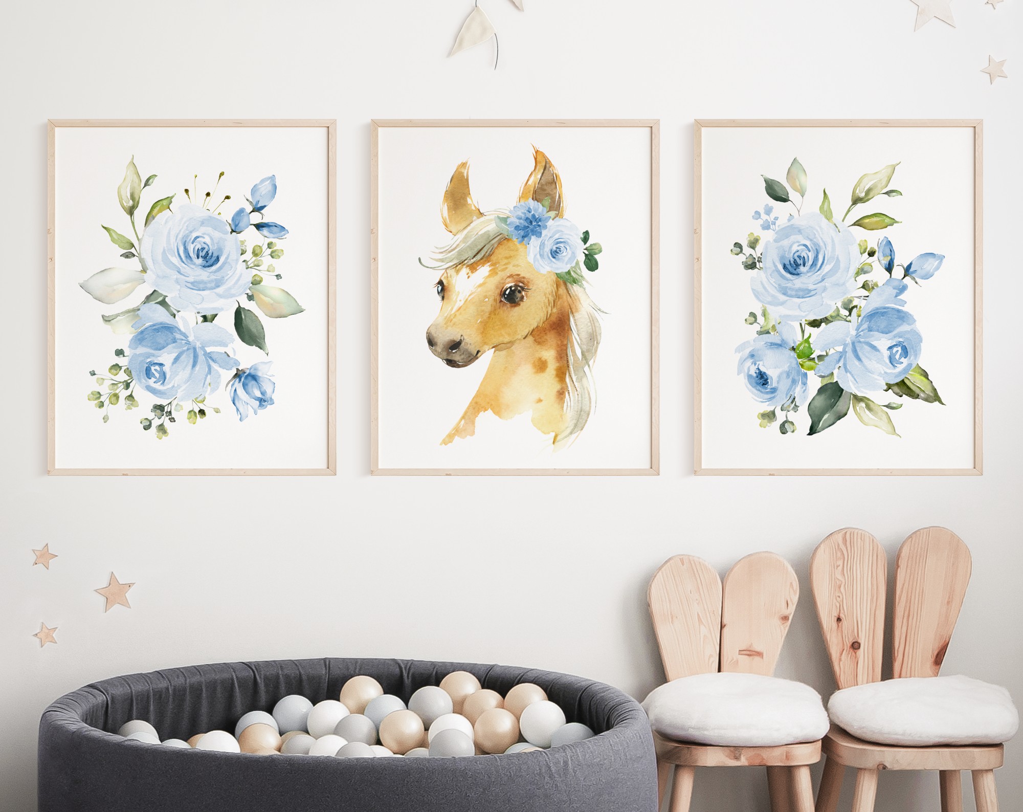 Blue Flowers Horse Nursery Prints, Farm Animals, Nursery Wall Art, Boy Nursery Decor, Printable File, SH06