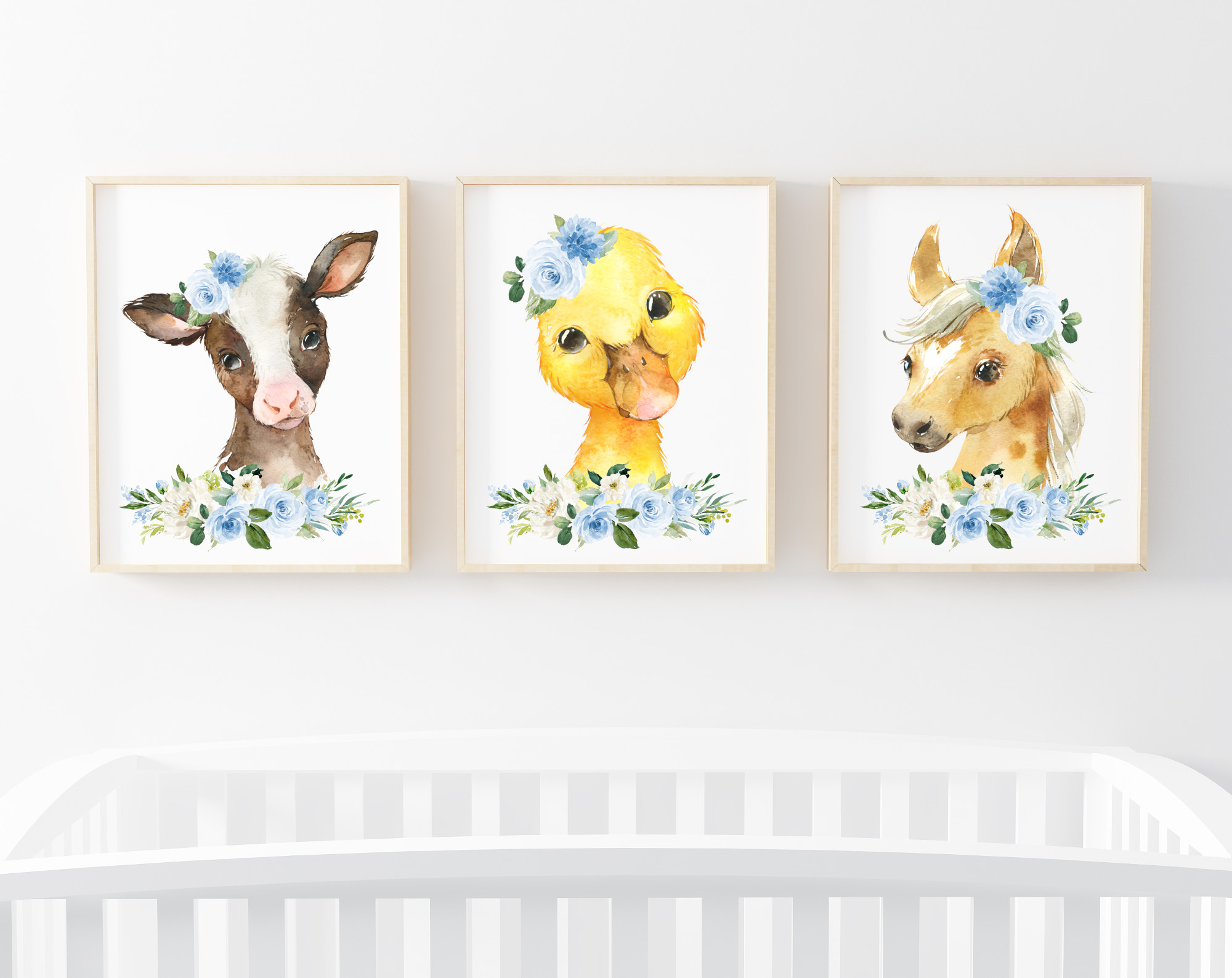Blue Flowers Farm Animals Nursery Prints, Nursery Wall Art, Boy Nursery Decor, Printable File, SH06