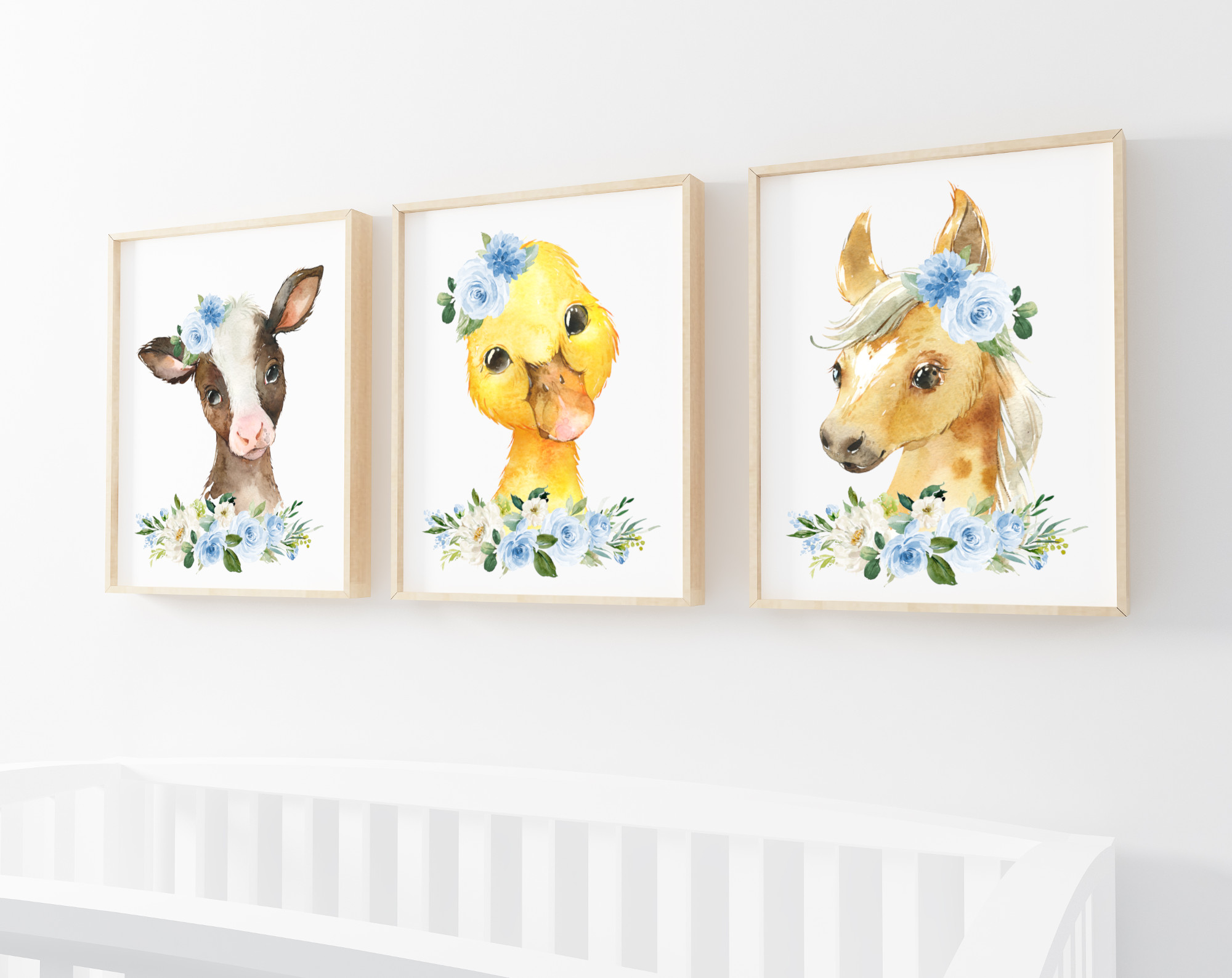 Blue Flowers Farm Animals Nursery Prints, Nursery Wall Art, Boy Nursery Decor, Printable File, SH06