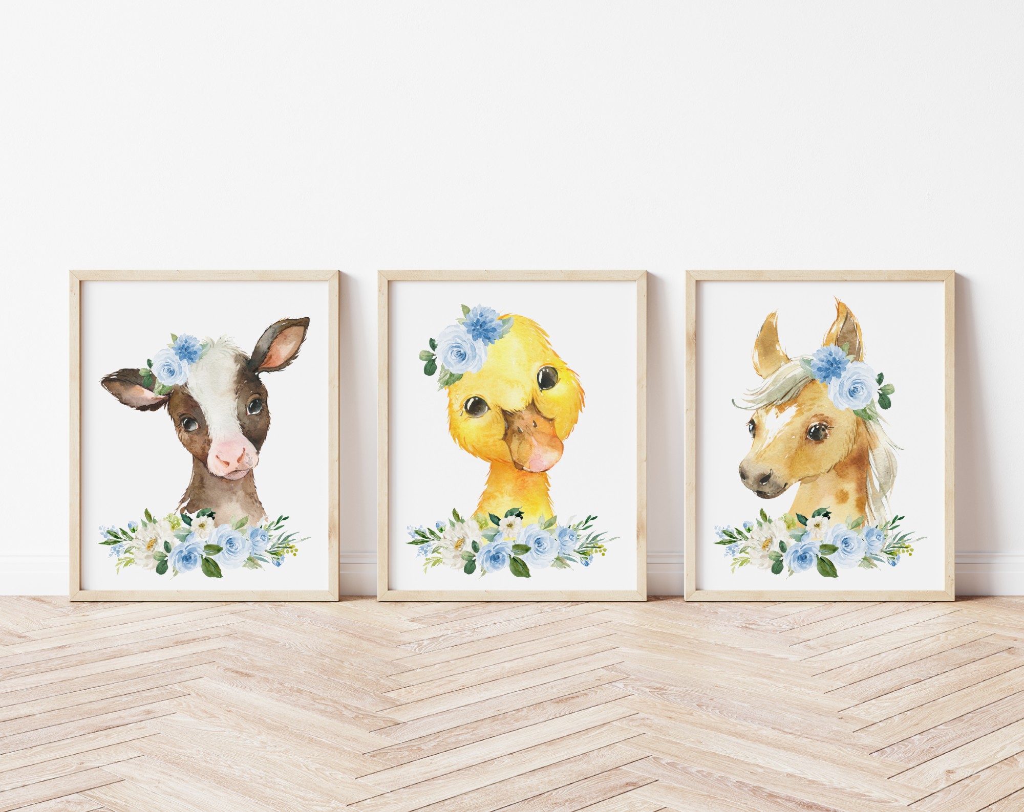 Blue Flowers Farm Animals Nursery Prints, Nursery Wall Art, Boy Nursery Decor, Printable File, SH06