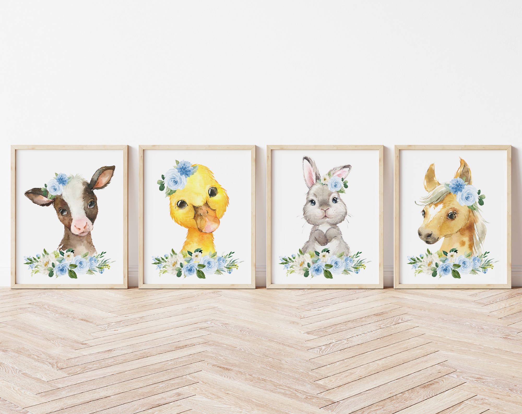 Blue Flowers Farm Animals Nursery Prints, Nursery Wall Art, Boy Nursery Decor, Printable File, SH06