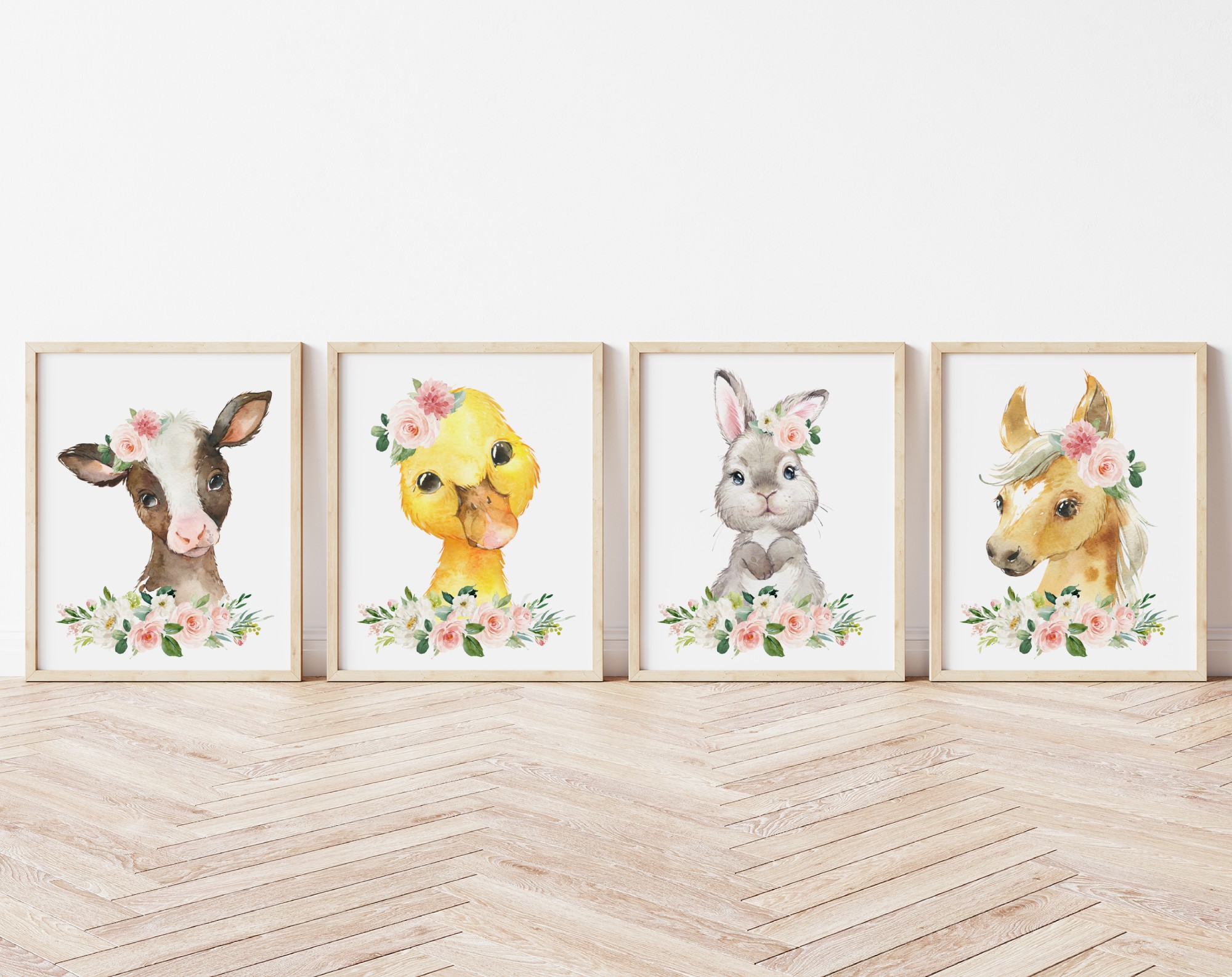 Pink Flowers Farm Animals Nursery Prints, Nursery Wall Art, Girl Nursery Decor, Printable File, SH06