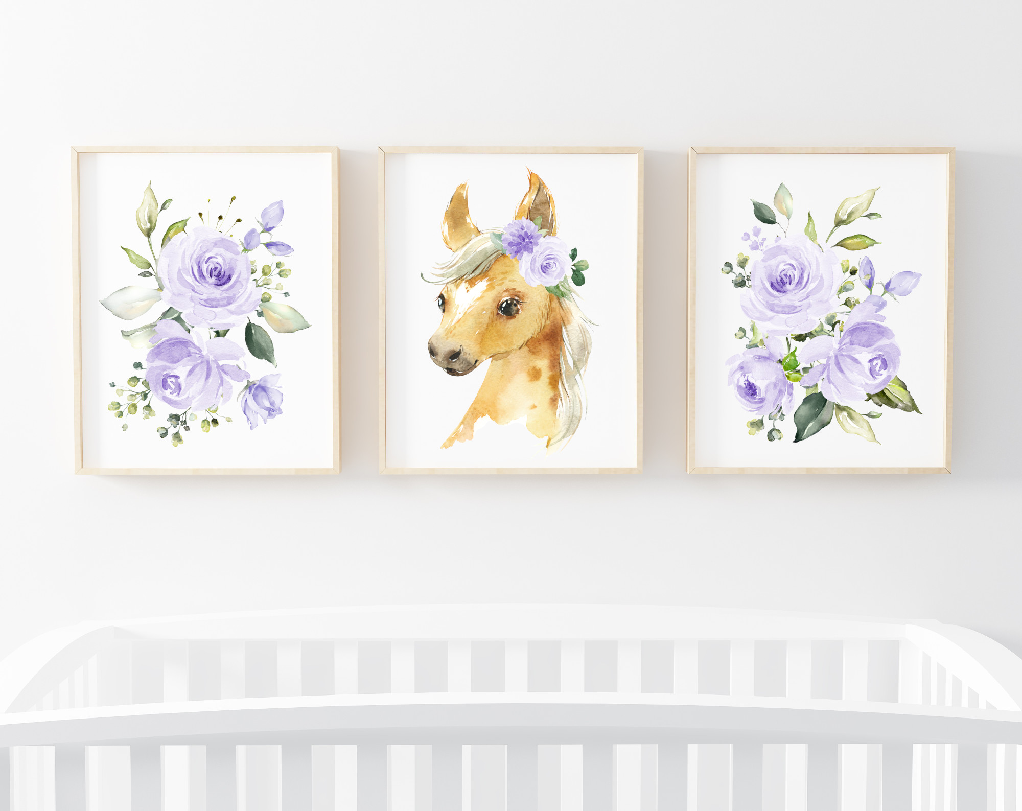 Purple Flowers Horse Nursery Prints, Farm Animals, Nursery Wall Art, Gender Neutral Nursery, Printable File, SH06