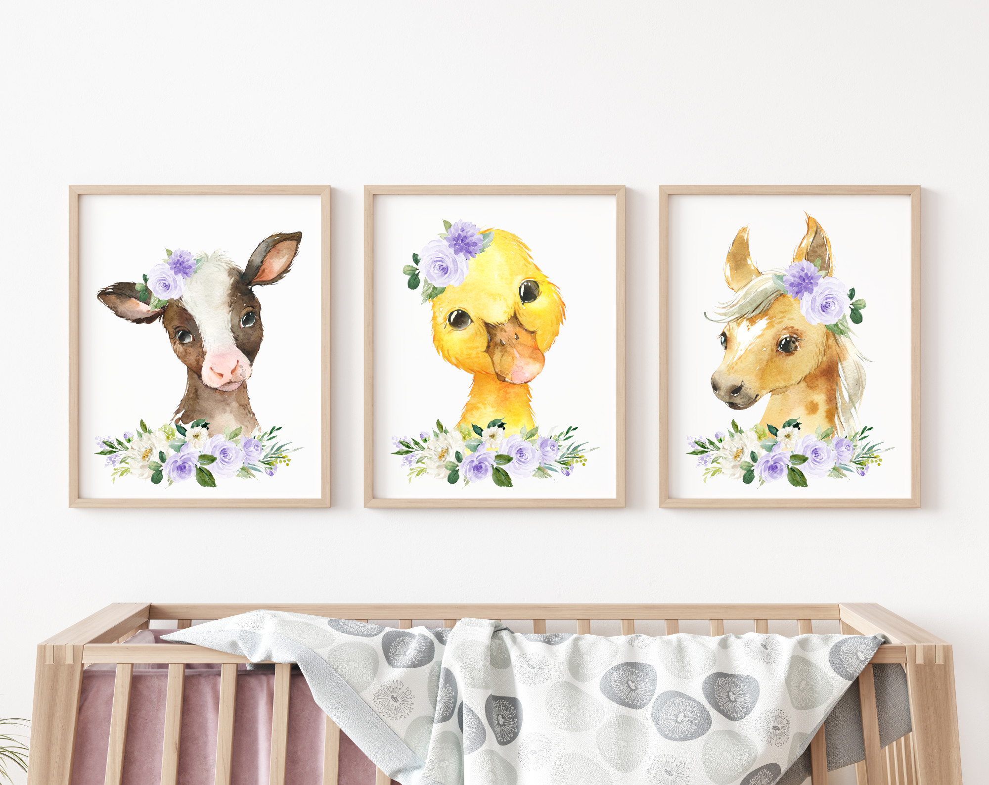 Purple Flowers Farm Animals Nursery Prints, Nursery Wall Art, Gender Neutral Nursery, Printable File, SH06