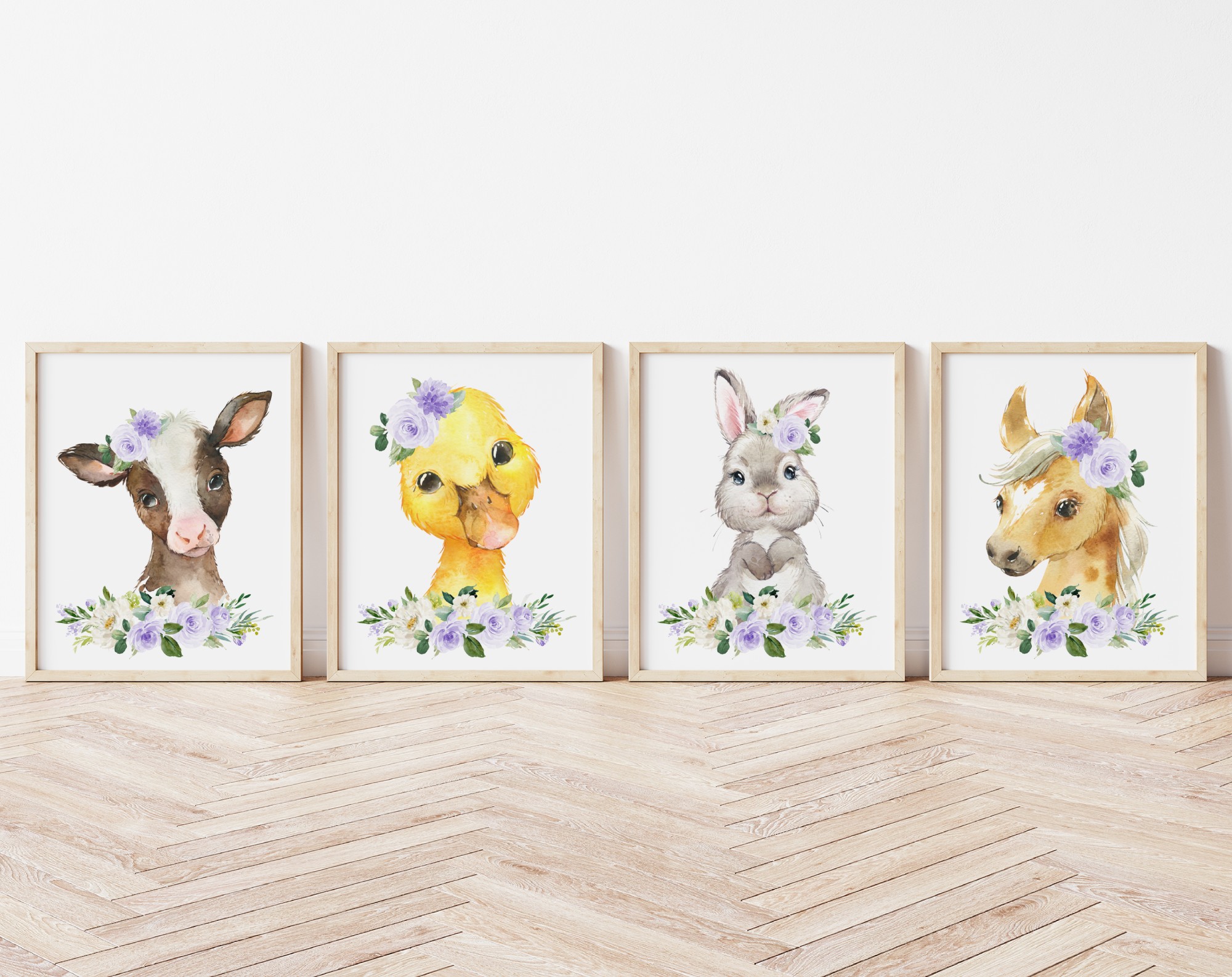 Purple Flowers Farm Animals Nursery Prints, Nursery Wall Art, Gender Neutral Nursery, Printable File, SH06