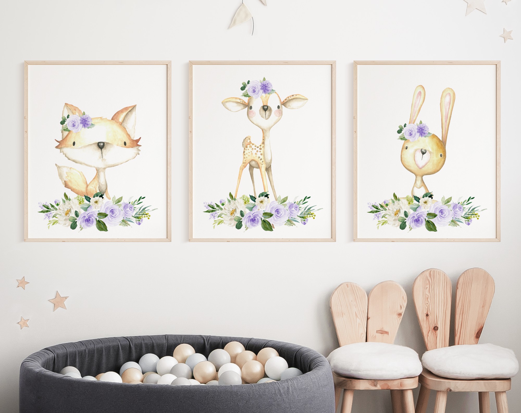 Purple Flowers Baby Woodland Animals Nursery Prints, Nursery Wall Art, Gender Neutral Nursery, Printable File, SH09