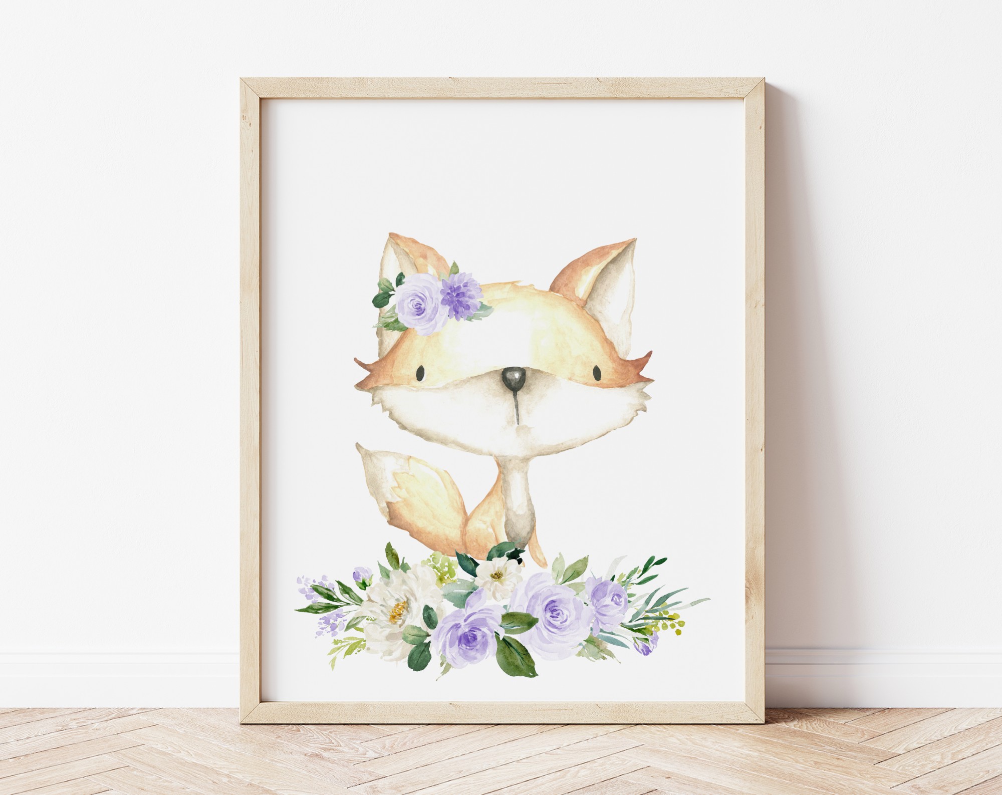 Purple Flowers Baby Woodland Animals Nursery Prints, Nursery Wall Art, Gender Neutral Nursery, Printable File, SH09