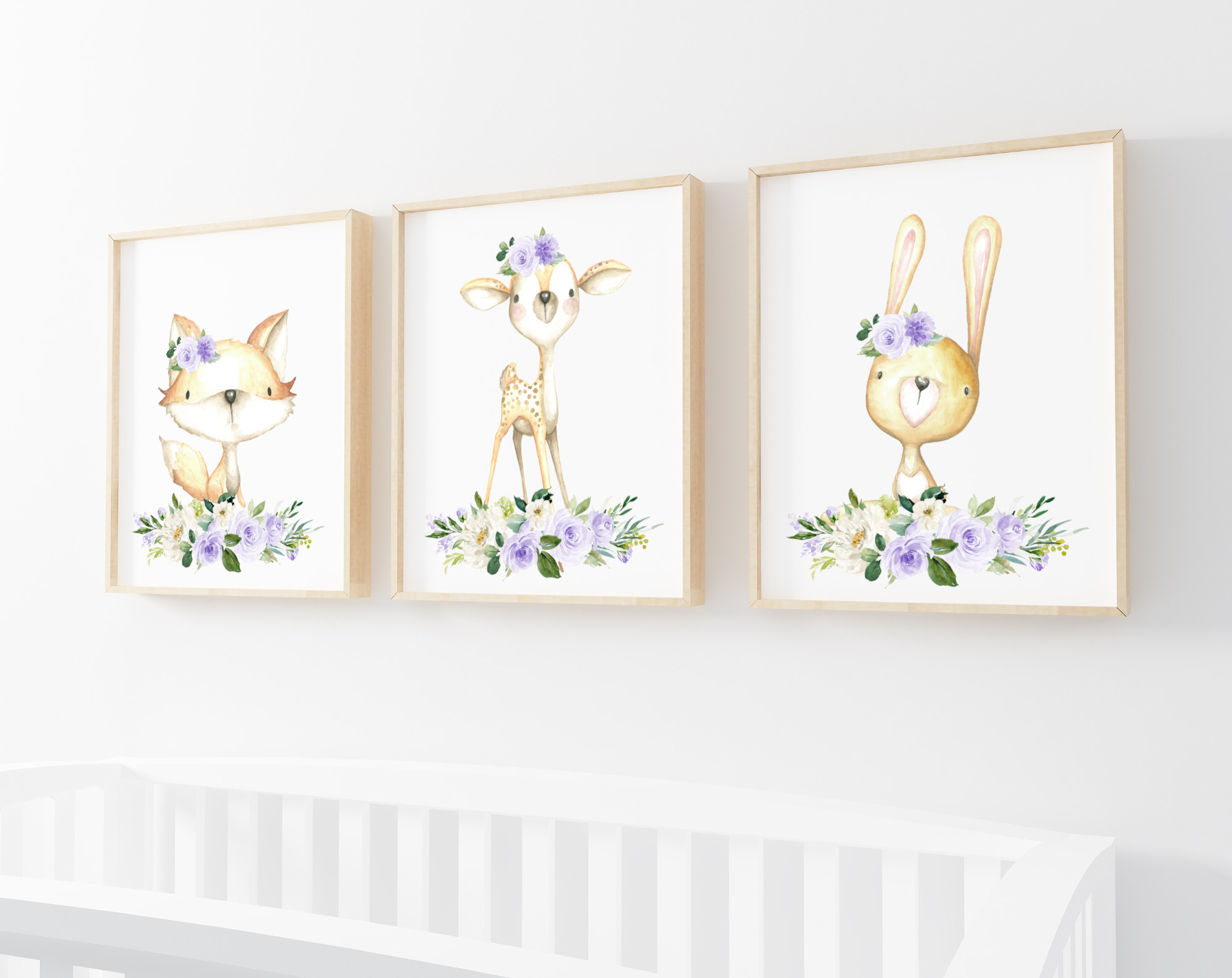 Purple Flowers Baby Woodland Animals Nursery Prints, Nursery Wall Art, Gender Neutral Nursery, Printable File, SH09
