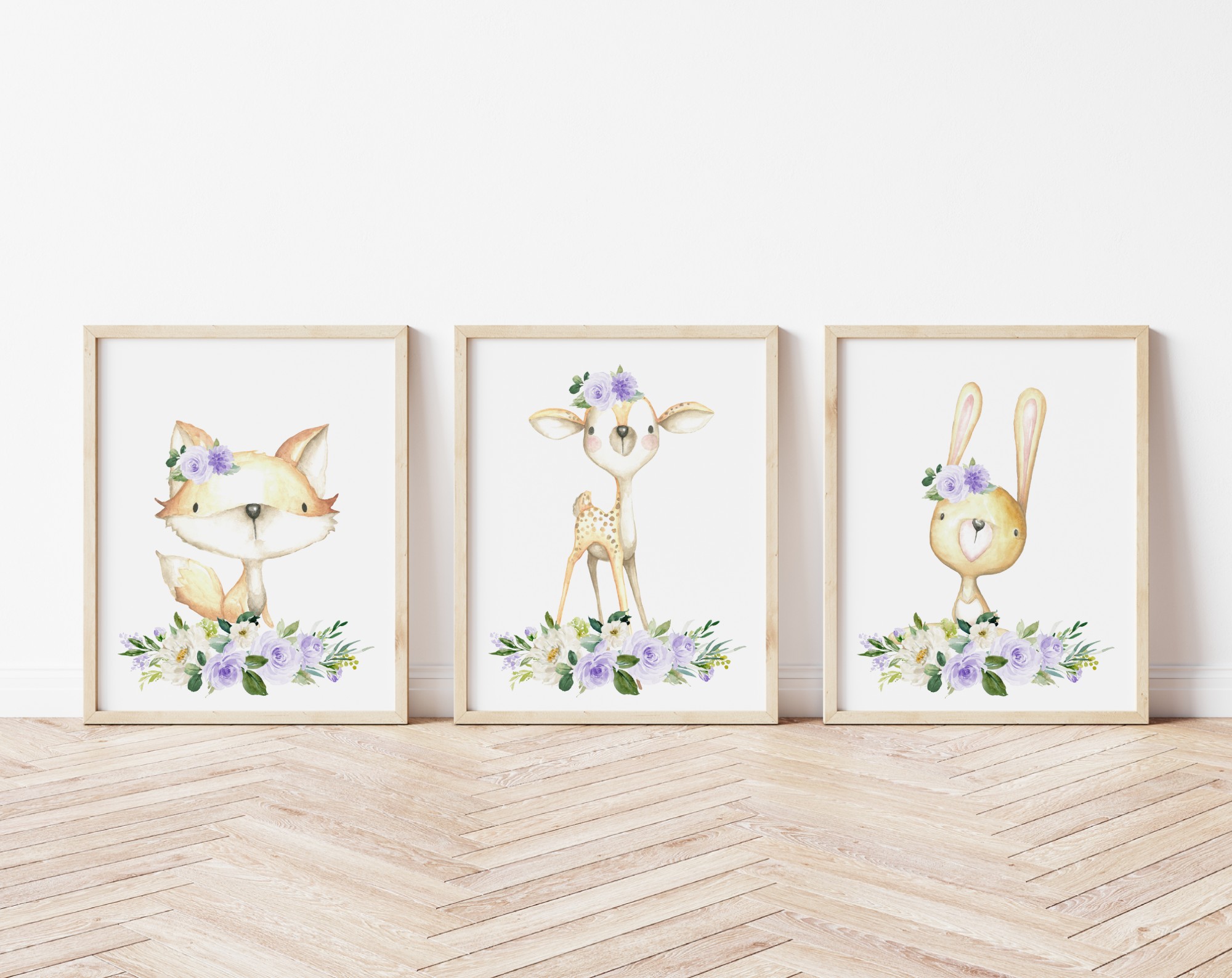 Purple Flowers Baby Woodland Animals Nursery Prints, Nursery Wall Art, Gender Neutral Nursery, Printable File, SH09
