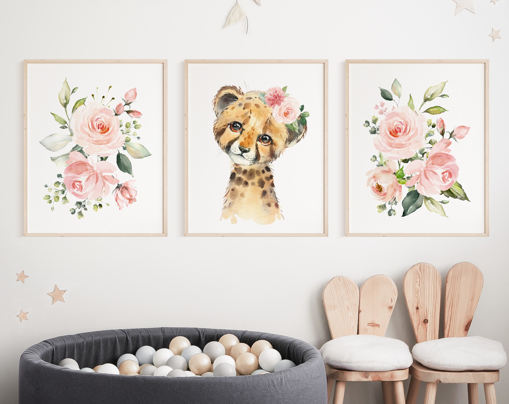 Pink Flowers Cheetah Nursery Prints, Jungle Animals, Nursery Wall Art, Girl Nursery Decor, Printable File, SH11