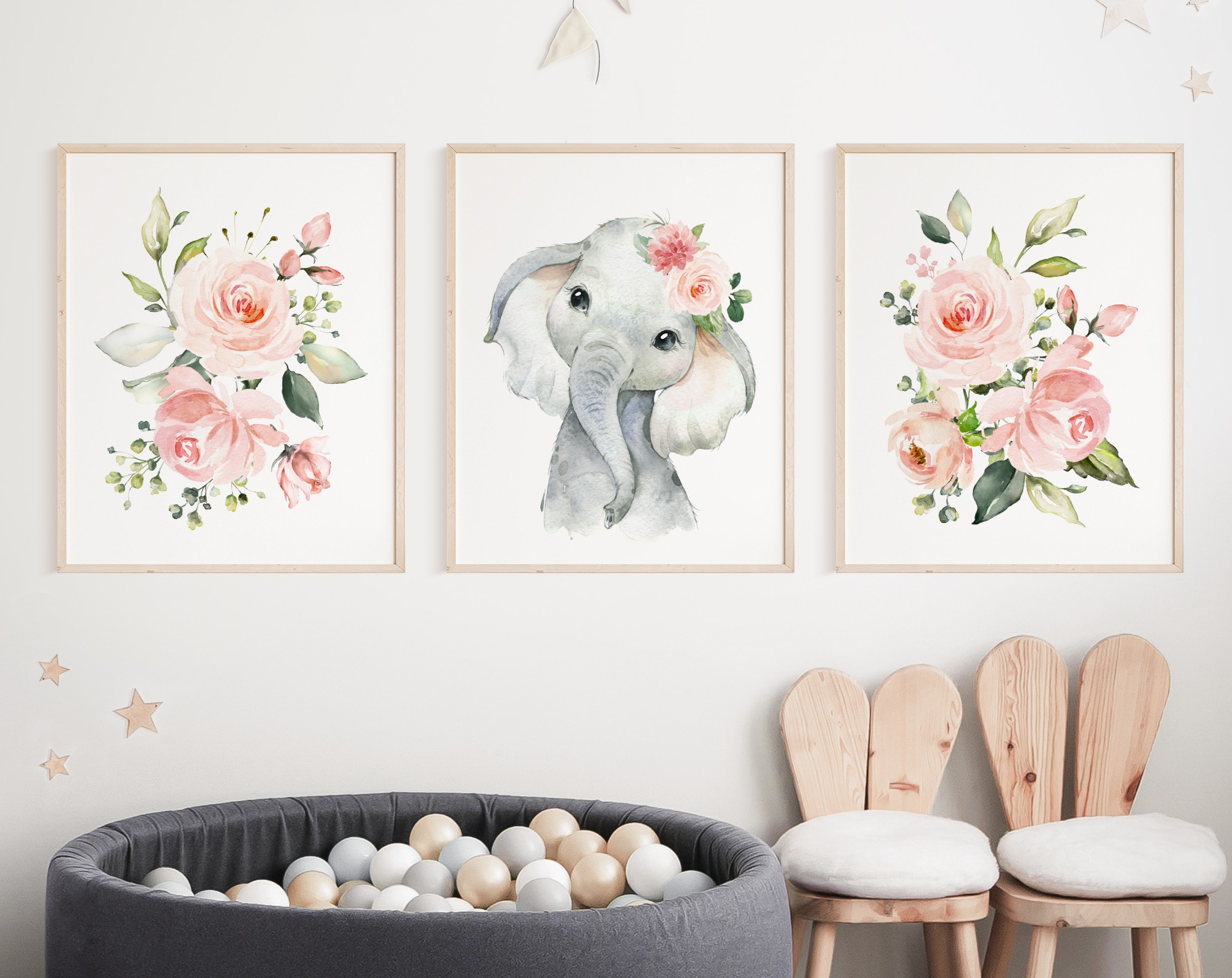 Pink Flowers Elephant Nursery Prints, Jungle Animals, Nursery Wall Art, Girl Nursery Decor, Printable File, SH11