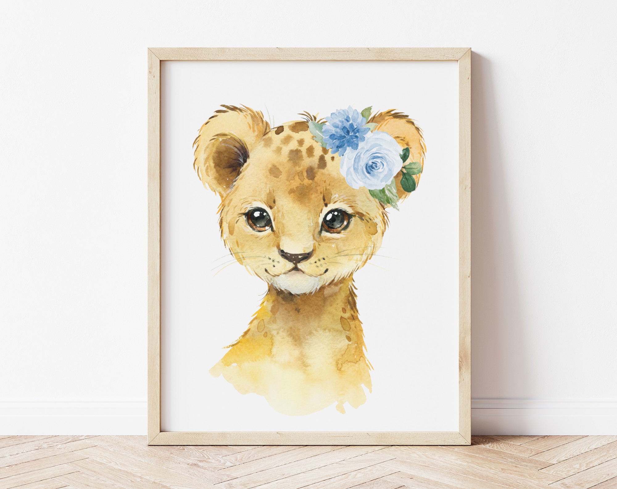 Blue Flowers Lion Nursery Prints, Jungle Animals, Nursery Wall Art, Boy Nursery Decor, Printable File, SH11
