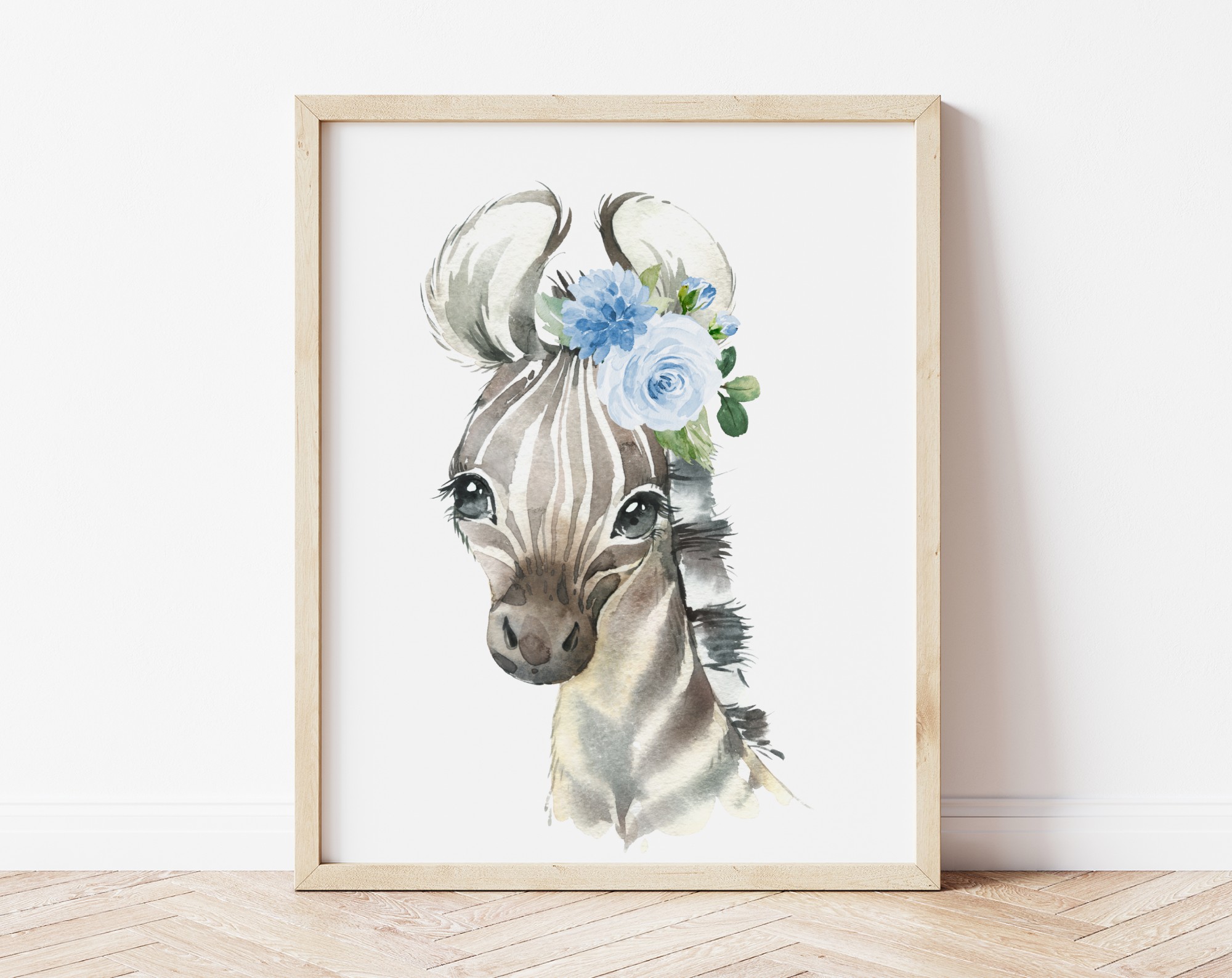 Blue Flowers Zebra Nursery Prints, Jungle Animals, Nursery Wall Art, Boy Nursery Decor, Printable File, SH11