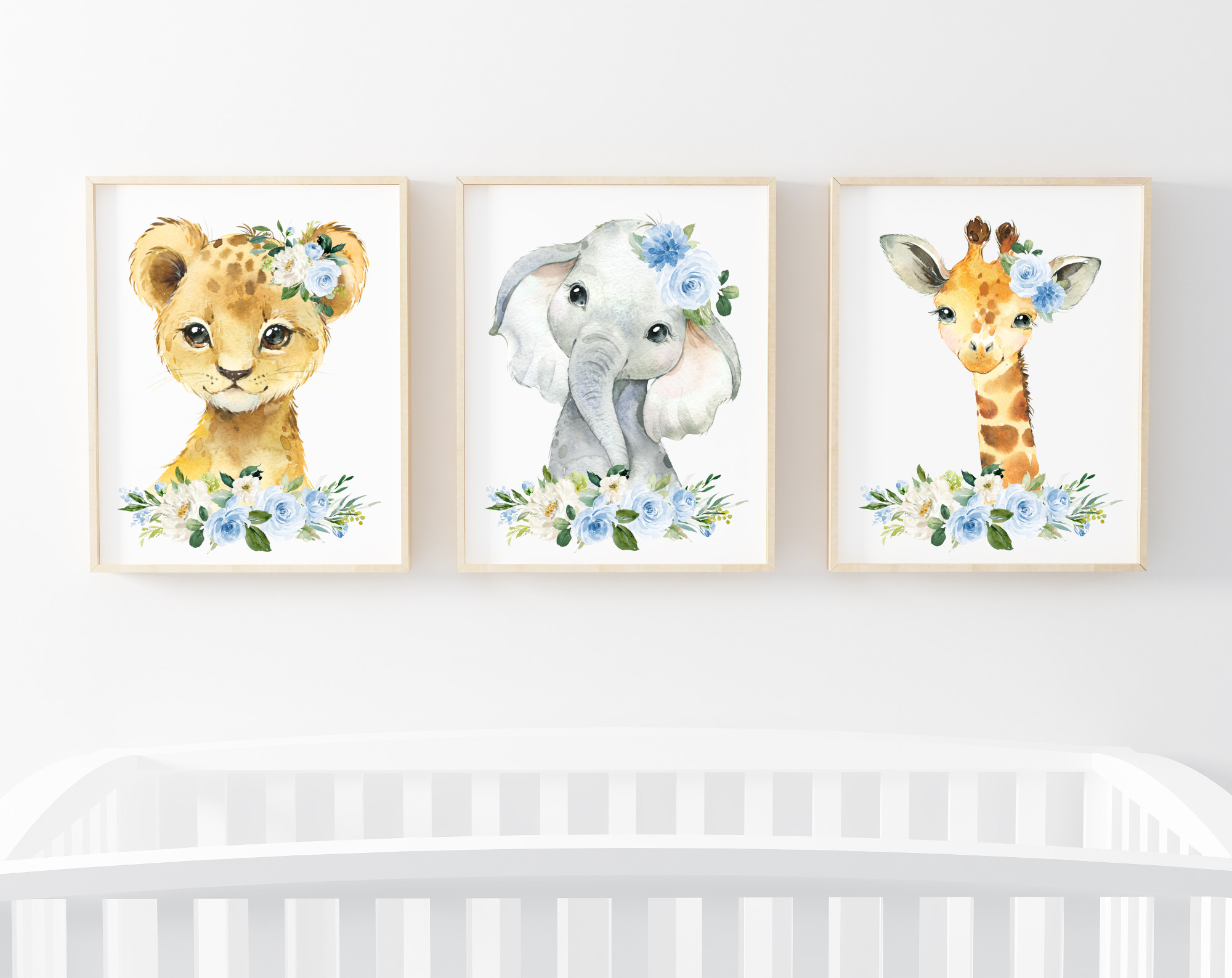 Blue Flowers Jungle Animals Nursery Prints, Nursery Wall Art, Boy Nursery Decor, Printable File, SH11