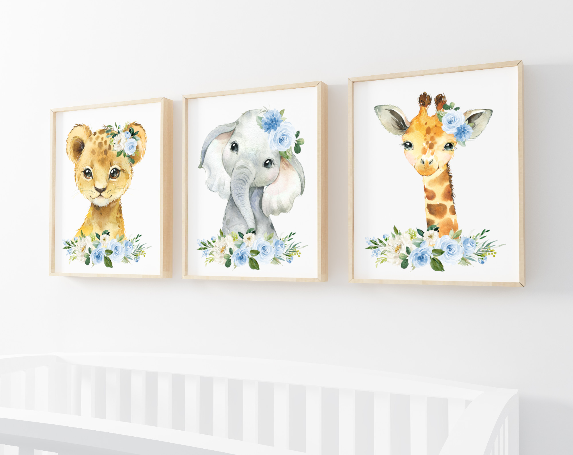 Blue Flowers Jungle Animals Nursery Prints, Nursery Wall Art, Boy Nursery Decor, Printable File, SH11