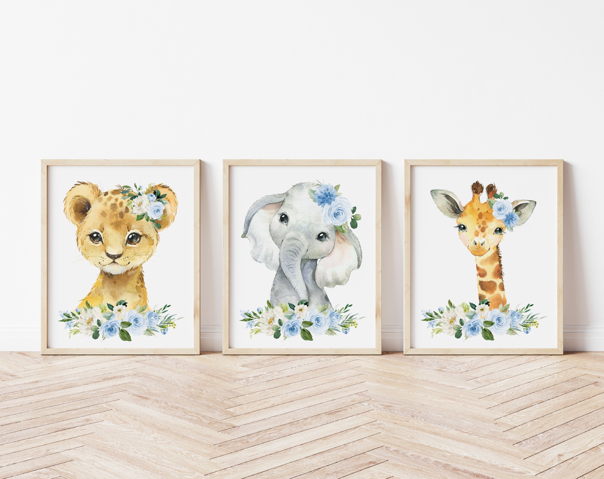 Blue Flowers Jungle Animals Nursery Prints, Nursery Wall Art, Boy Nursery Decor, Printable File, SH11