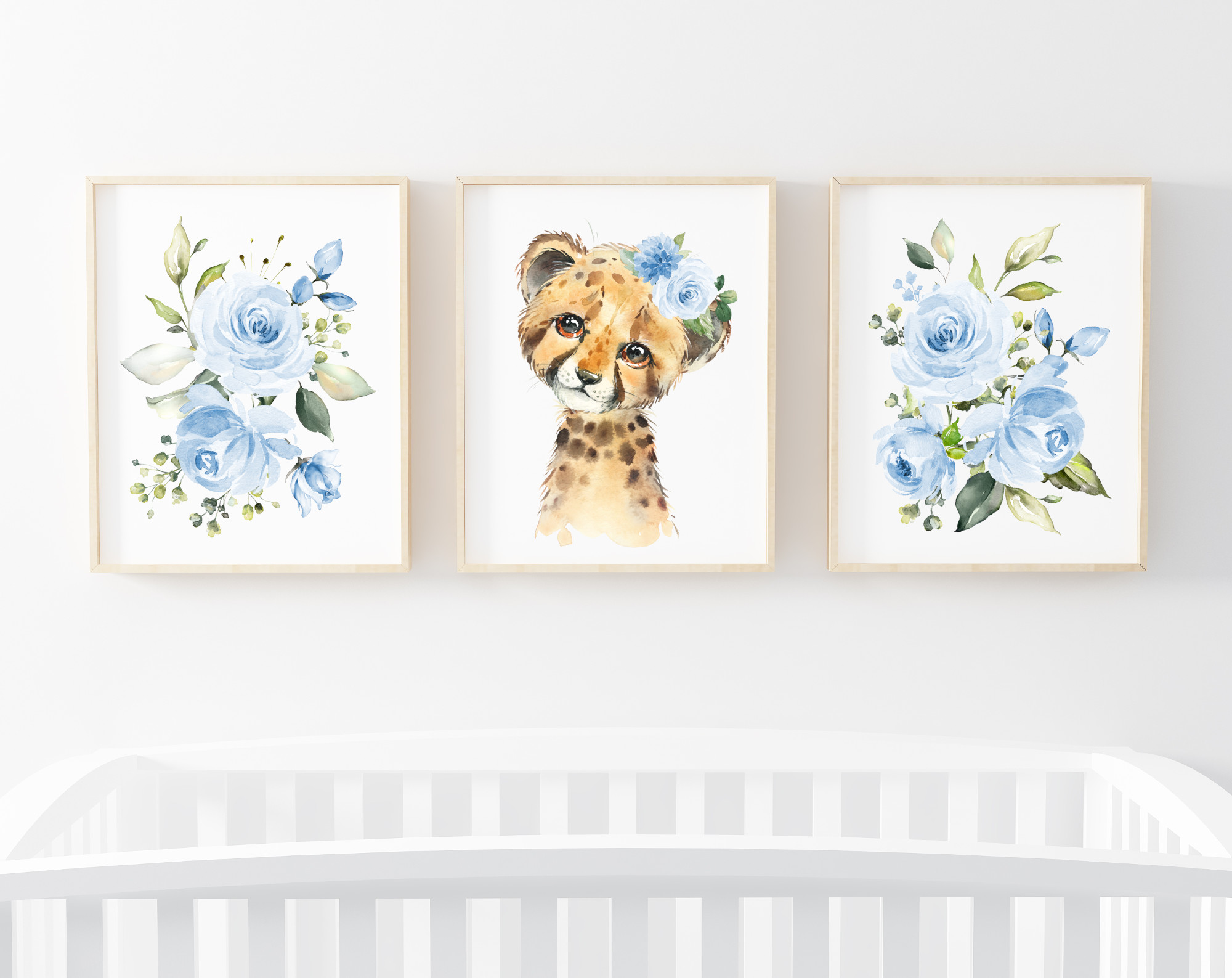 Blue Flowers Cheetah Nursery Prints, Jungle Animals, Nursery Wall Art, Boy Nursery Decor, Printable File, SH11