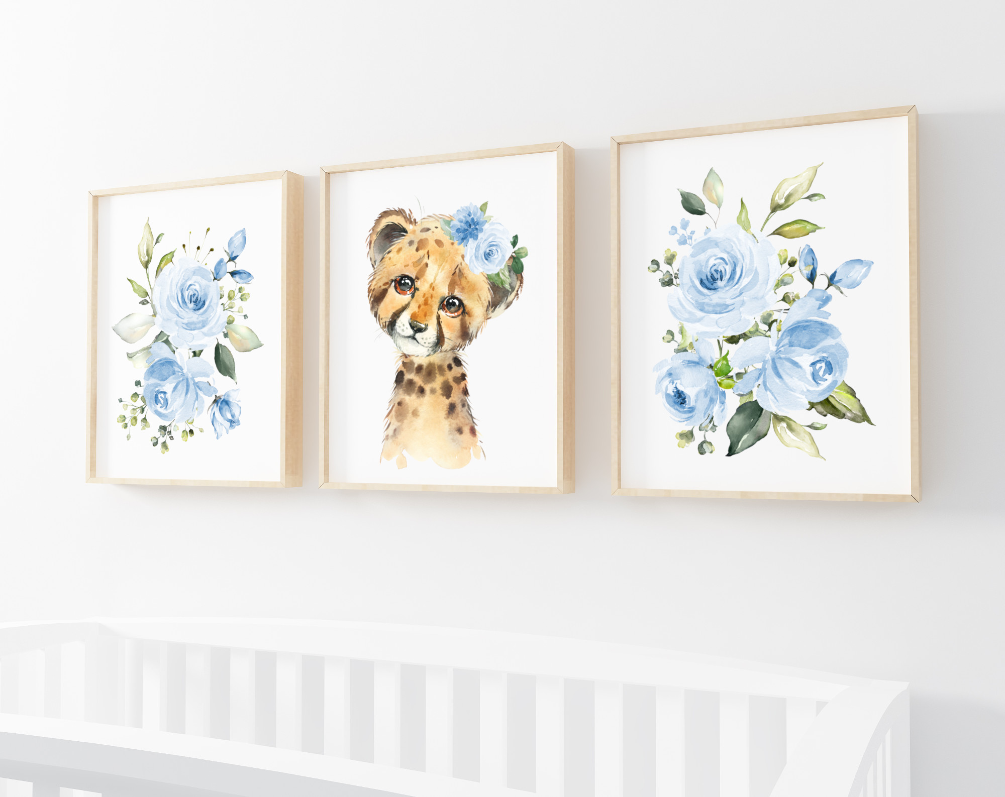 Blue Flowers Cheetah Nursery Prints, Jungle Animals, Nursery Wall Art, Boy Nursery Decor, Printable File, SH11