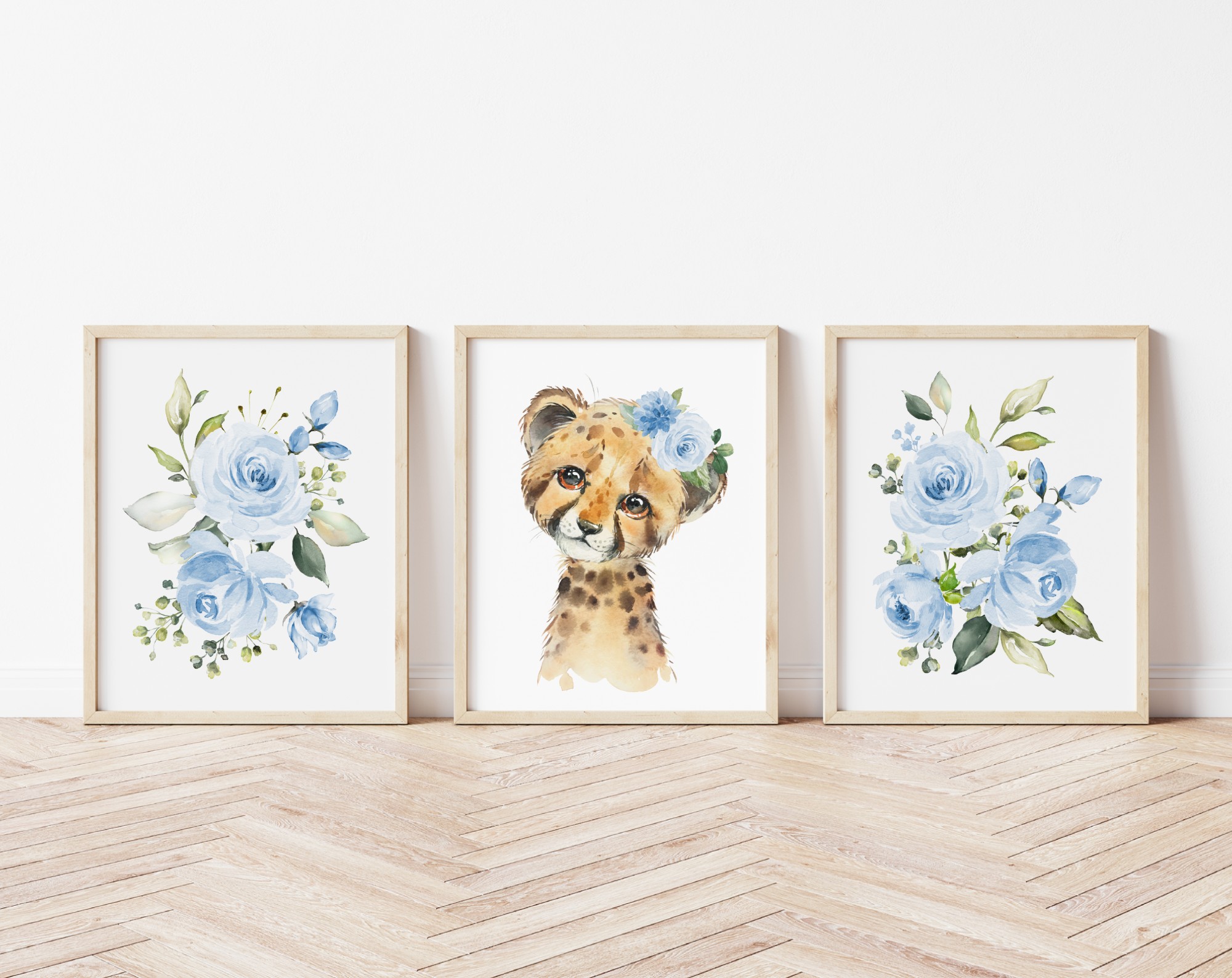 Blue Flowers Cheetah Nursery Prints, Jungle Animals, Nursery Wall Art, Boy Nursery Decor, Printable File, SH11