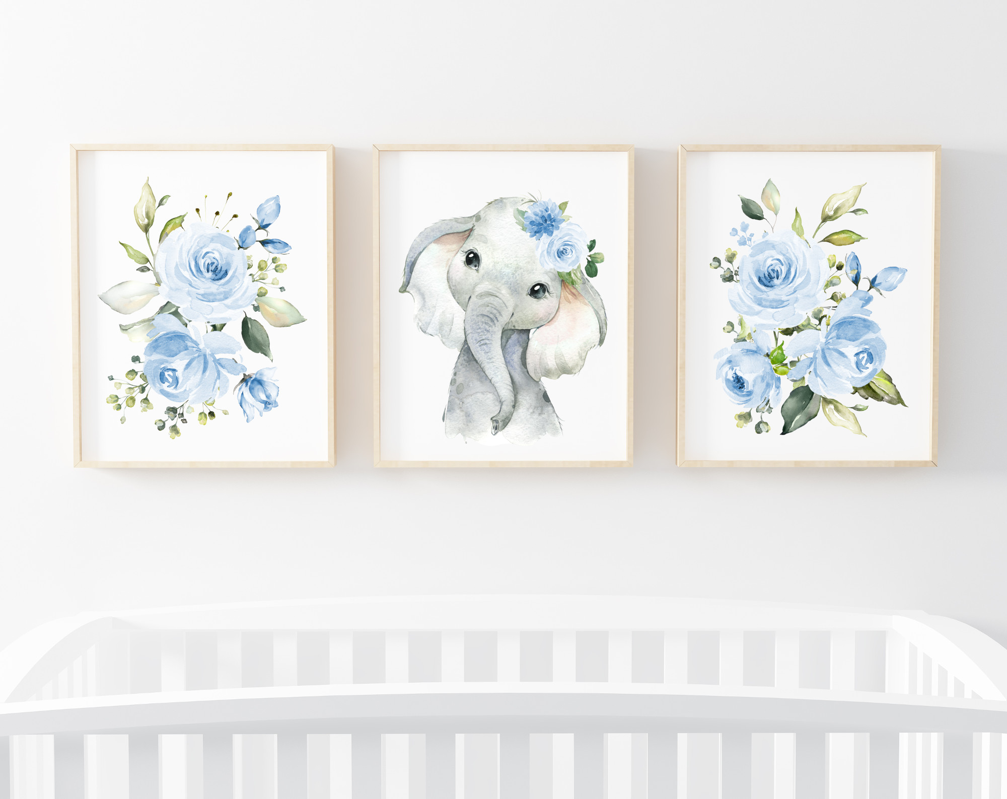 Blue Flowers Elephant Nursery Prints, Jungle Animals, Nursery Wall Art, Boy Nursery Decor, Printable File, SH11