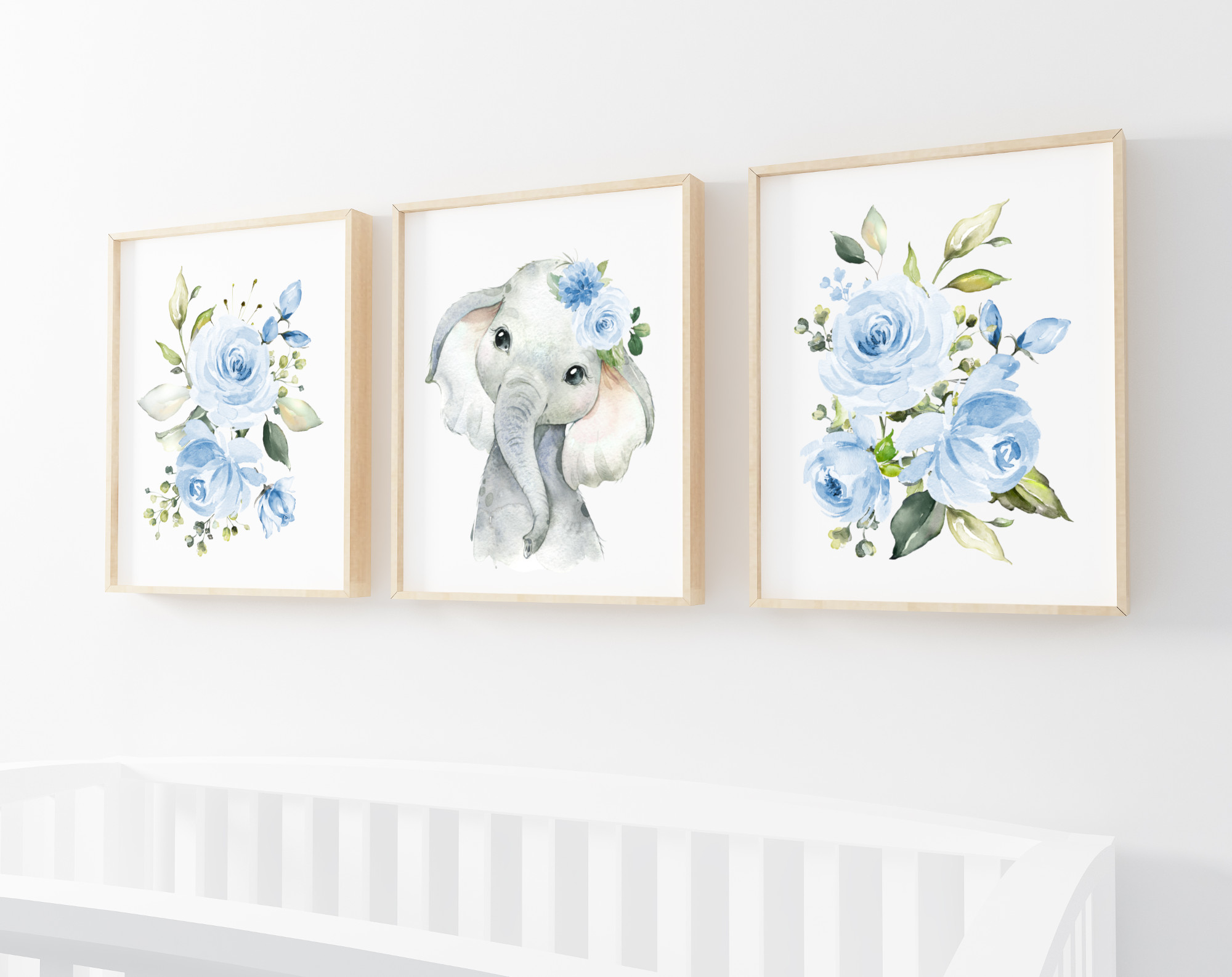Blue Flowers Elephant Nursery Prints, Jungle Animals, Nursery Wall Art, Boy Nursery Decor, Printable File, SH11