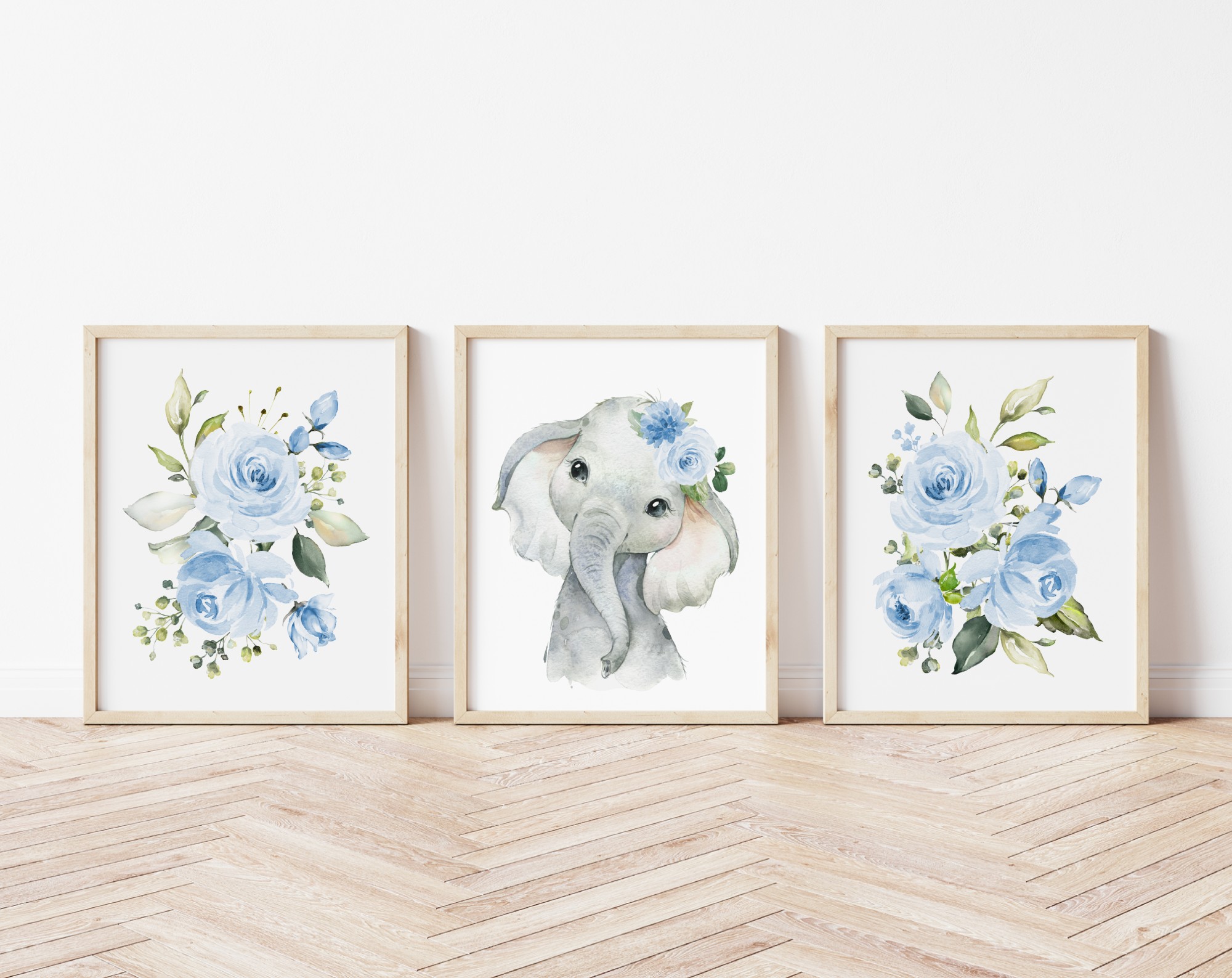 Blue Flowers Elephant Nursery Prints, Jungle Animals, Nursery Wall Art, Boy Nursery Decor, Printable File, SH11