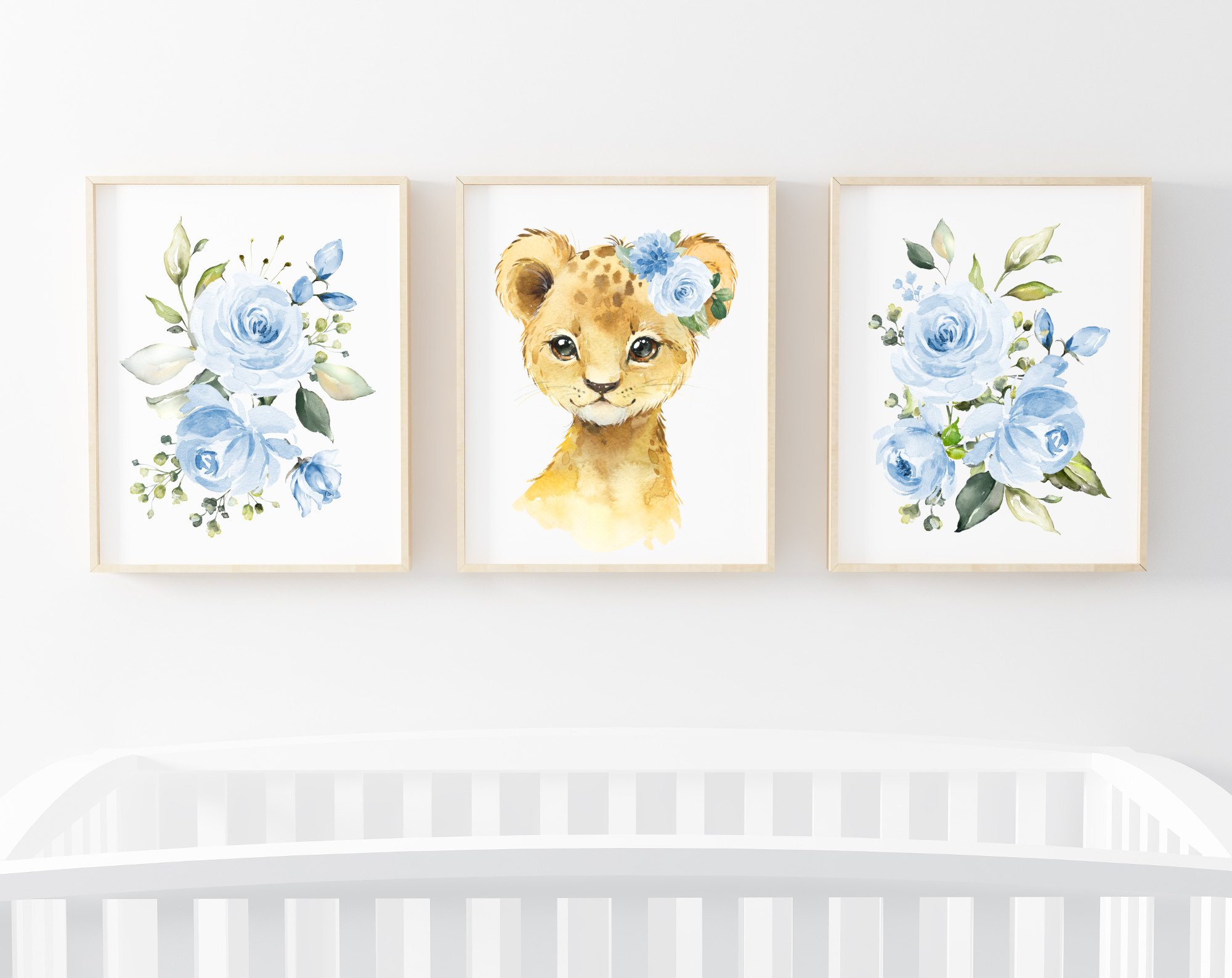 Blue Flowers Lion Nursery Prints, Jungle Animals, Nursery Wall Art, Boy Nursery Decor, Printable File, SH11