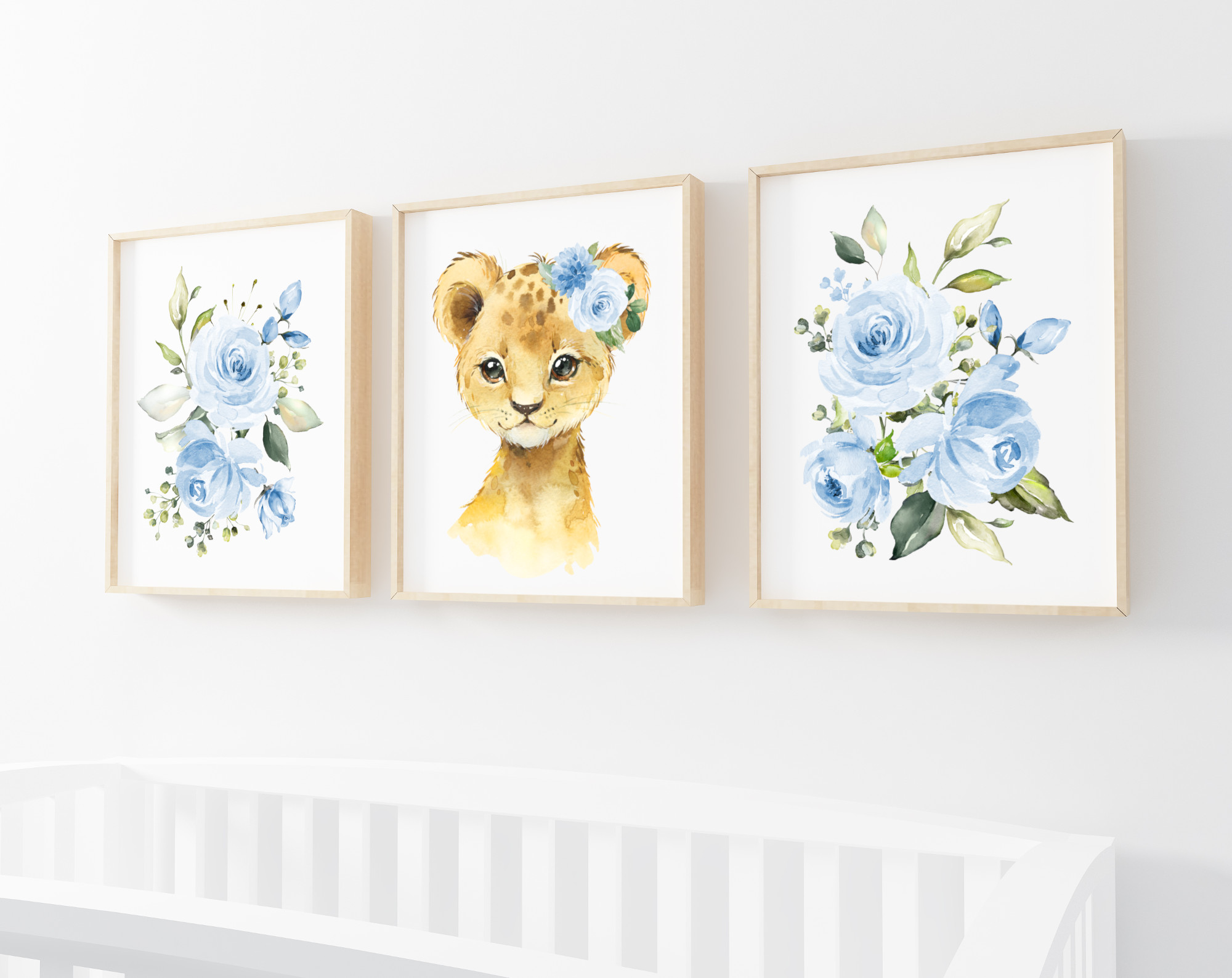 Blue Flowers Lion Nursery Prints, Jungle Animals, Nursery Wall Art, Boy Nursery Decor, Printable File, SH11