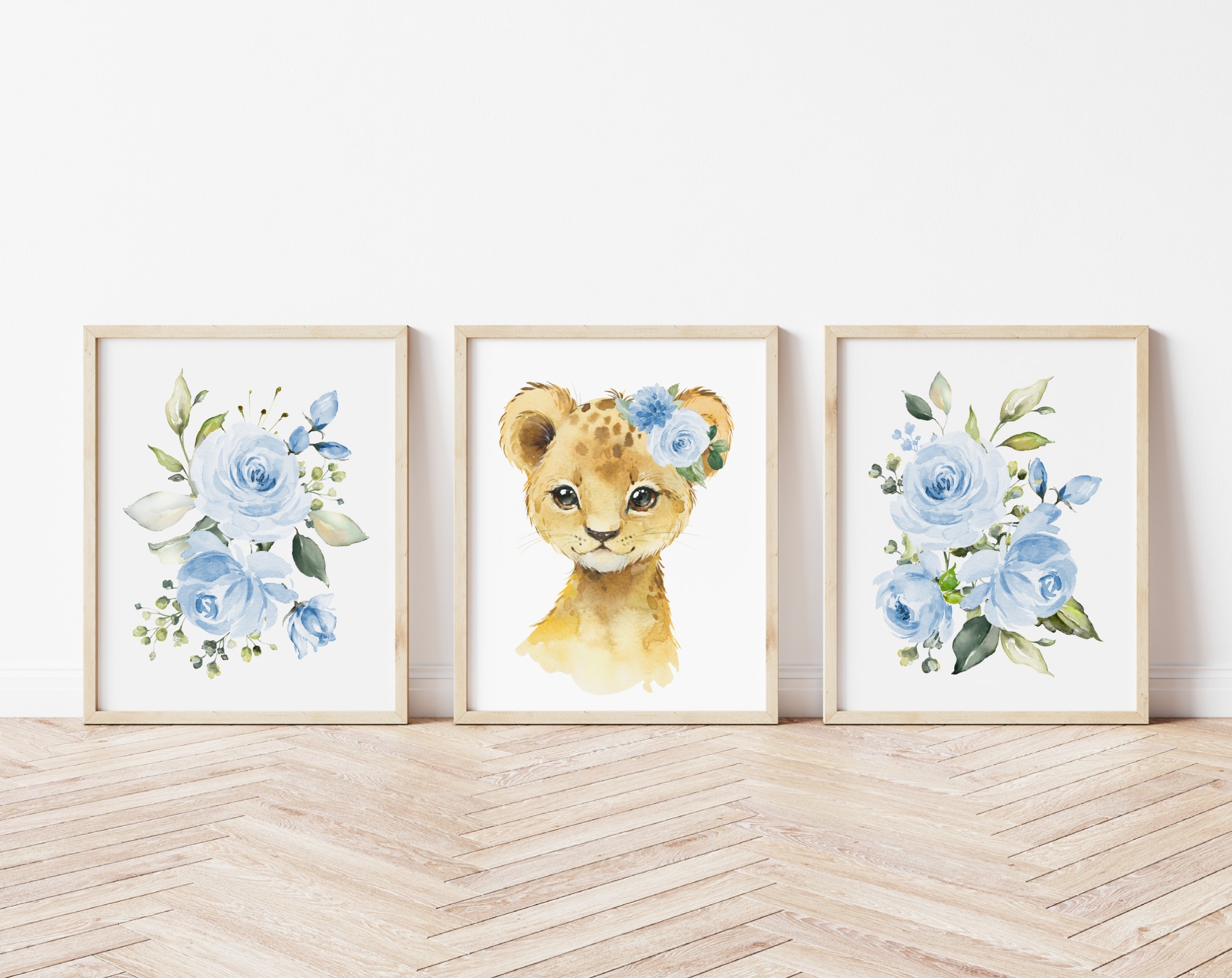 Blue Flowers Lion Nursery Prints, Jungle Animals, Nursery Wall Art, Boy Nursery Decor, Printable File, SH11