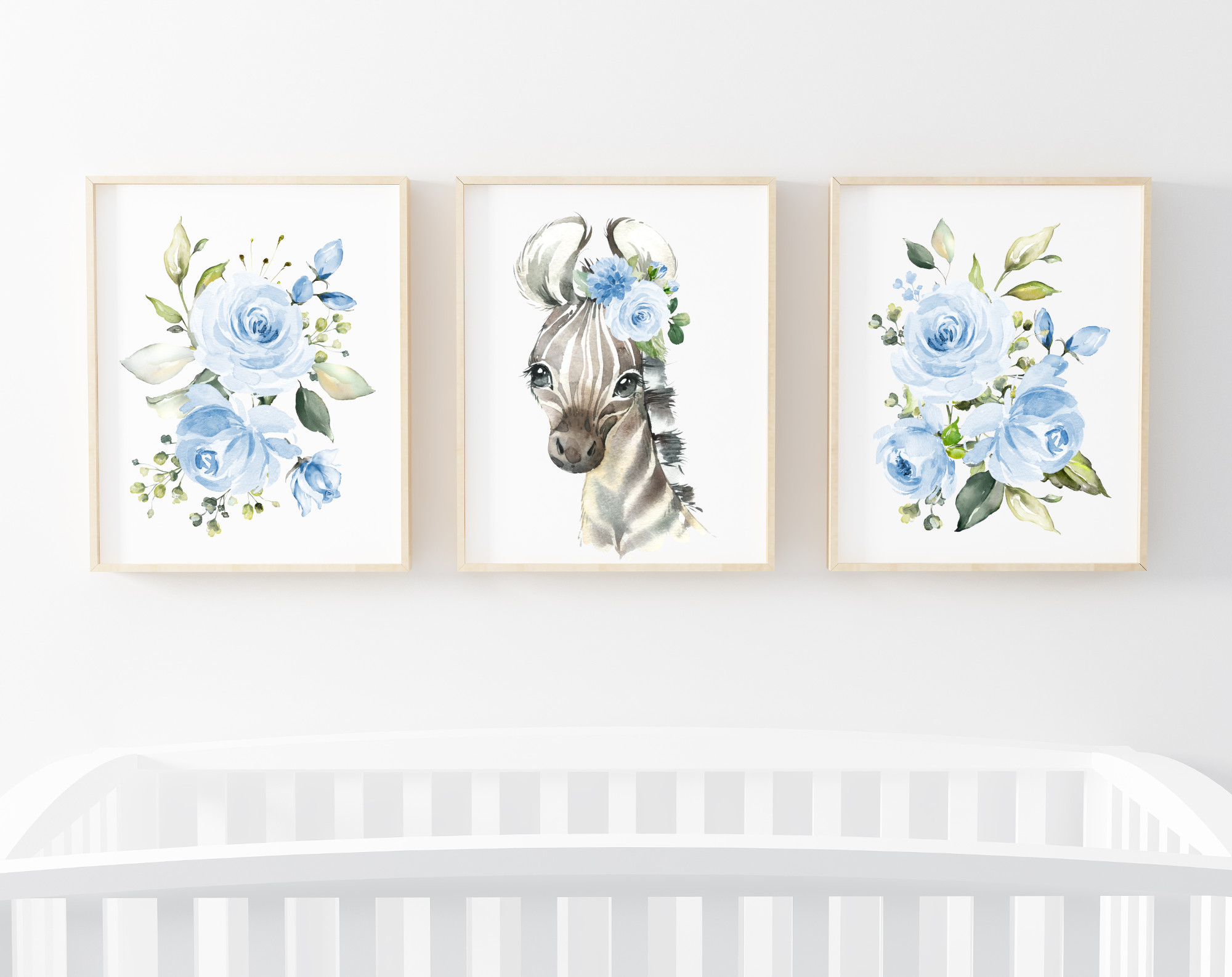 Blue Flowers Zebra Nursery Prints, Jungle Animals, Nursery Wall Art, Boy Nursery Decor, Printable File, SH11