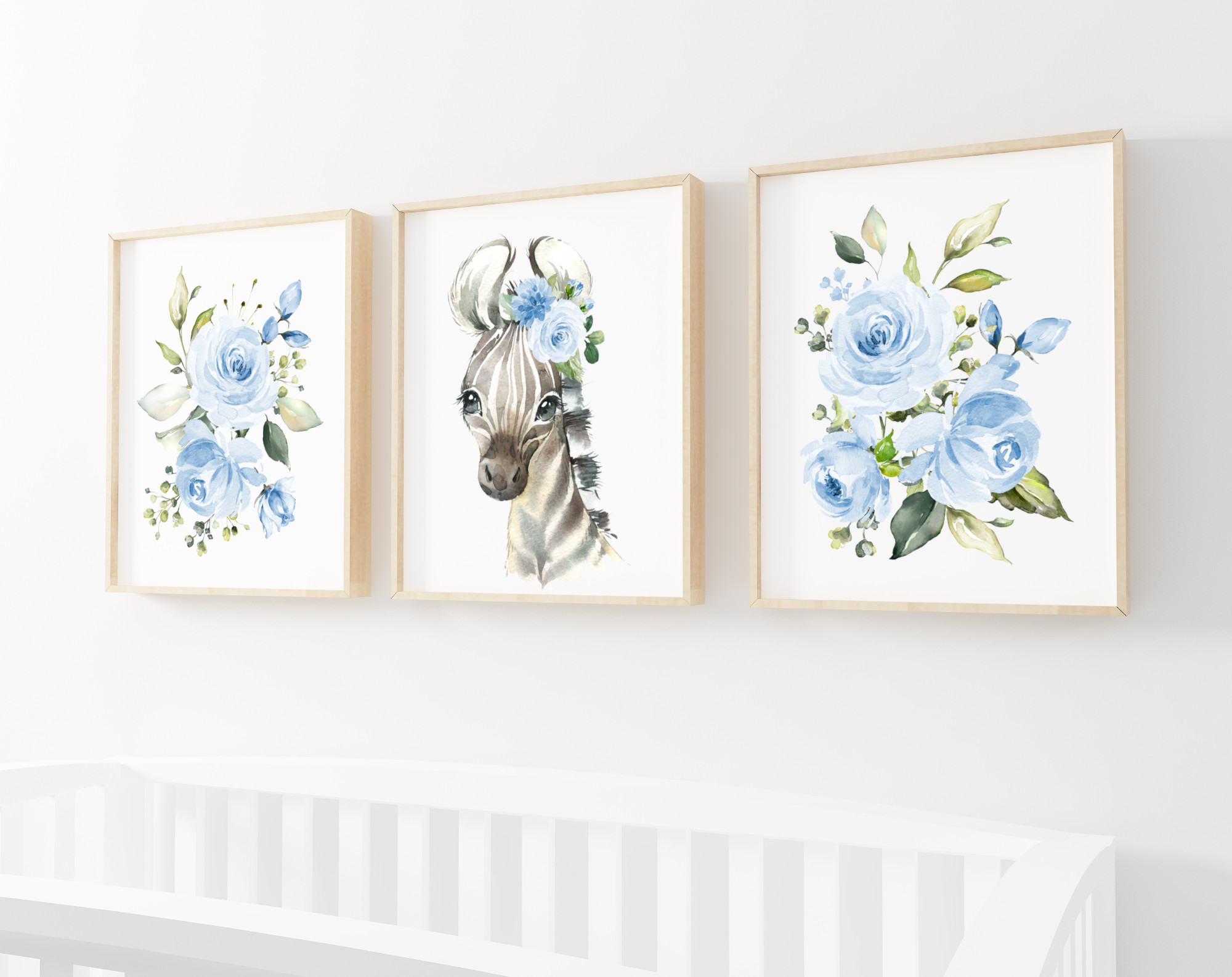 Blue Flowers Zebra Nursery Prints, Jungle Animals, Nursery Wall Art, Boy Nursery Decor, Printable File, SH11