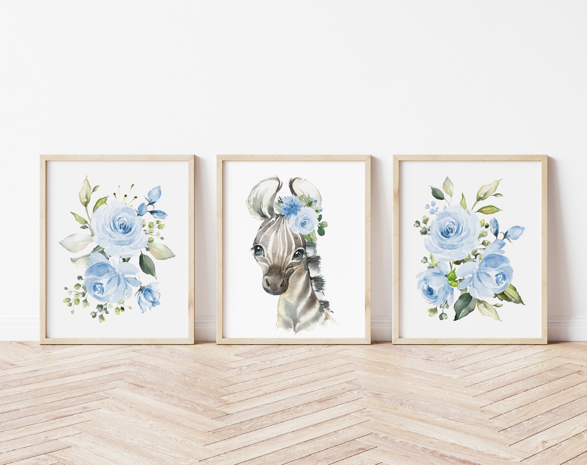 Blue Flowers Zebra Nursery Prints, Jungle Animals, Nursery Wall Art, Boy Nursery Decor, Printable File, SH11