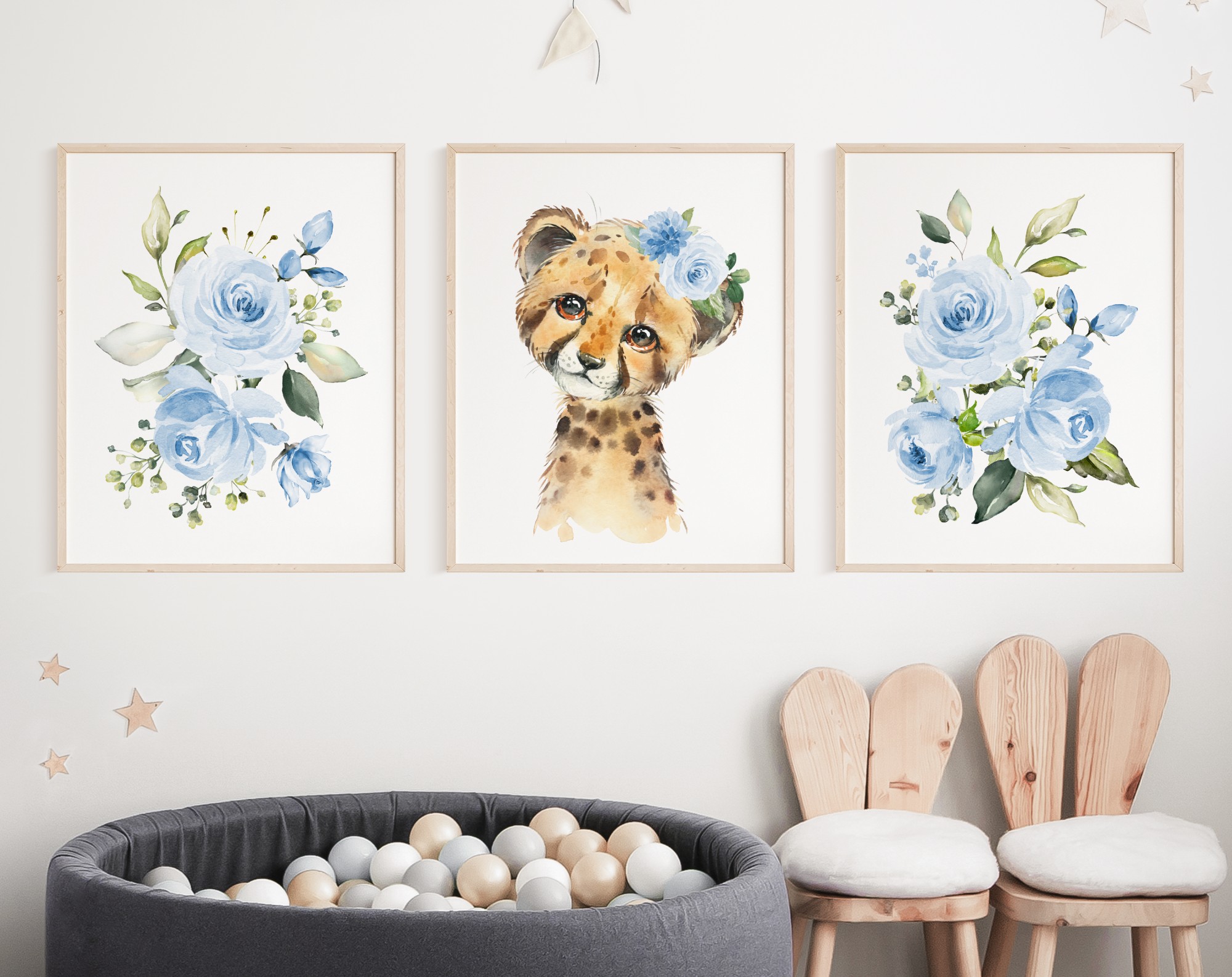 Blue Flowers Cheetah Nursery Prints, Jungle Animals, Nursery Wall Art, Boy Nursery Decor, Printable File, SH11